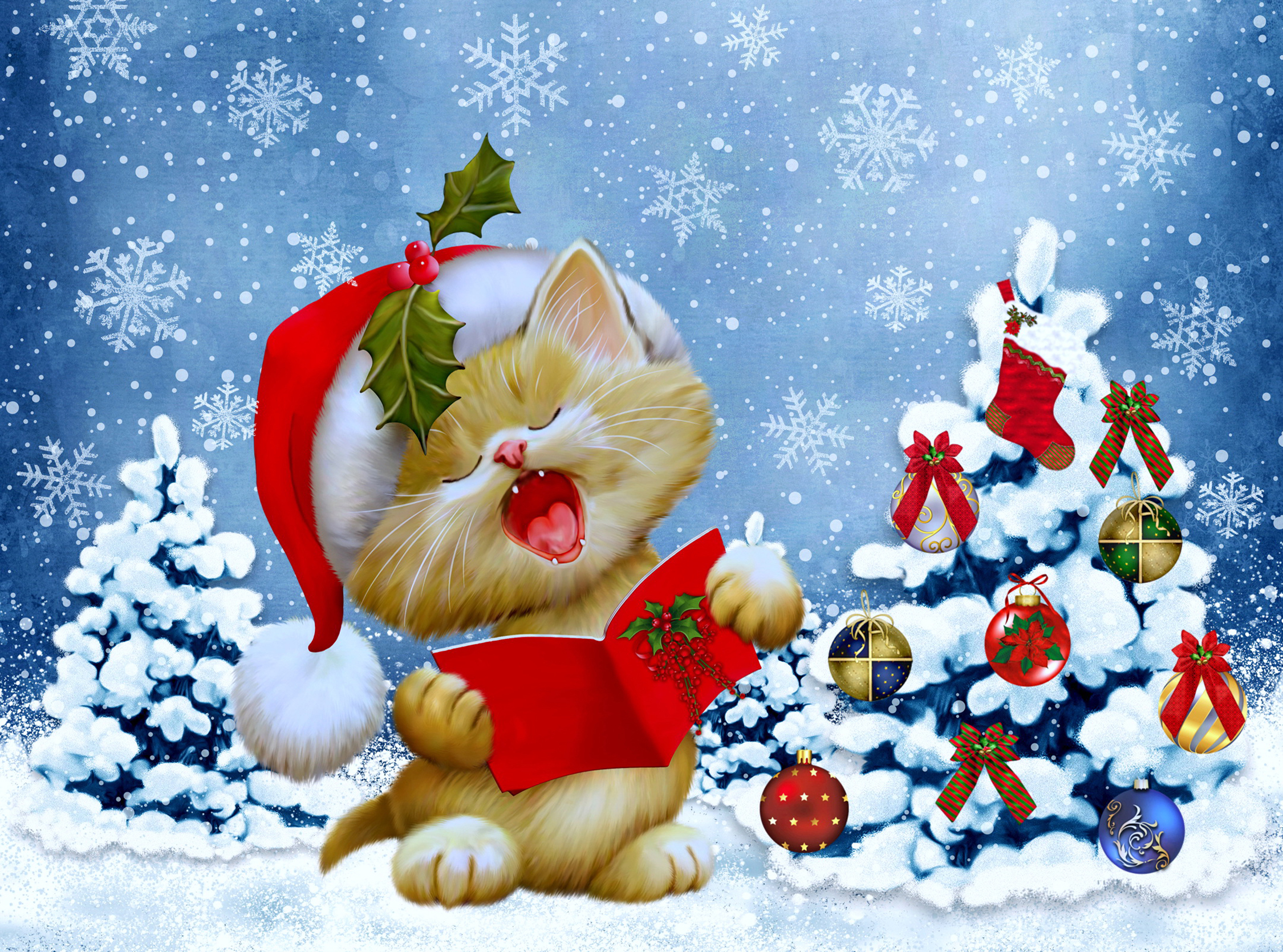 Download mobile wallpaper Winter, Snow, Cat, Kitten, Christmas, Holiday, Christmas Tree for free.