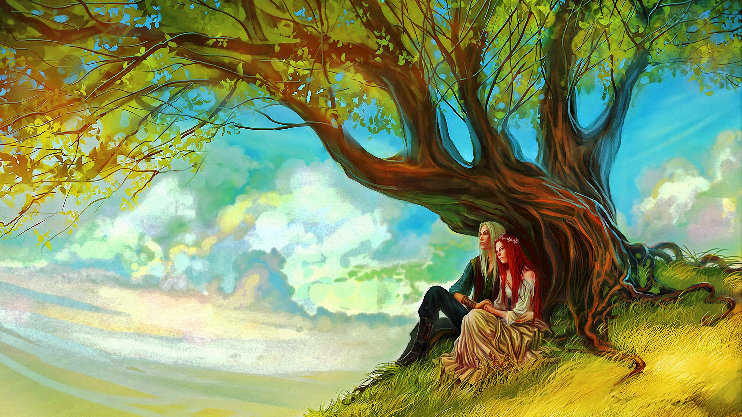 Free download wallpaper Fantasy, Love, Couple, Tree, Elf on your PC desktop