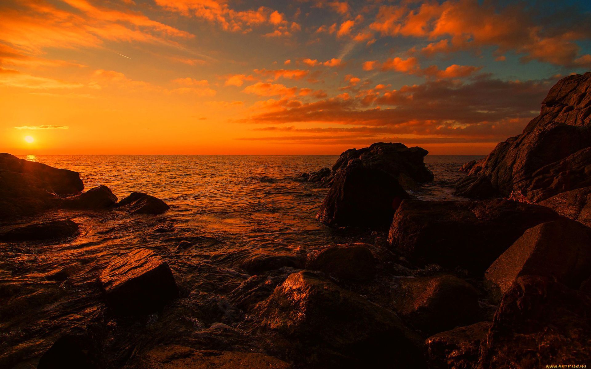 PCデスクトップに日没, ストーンズ, 海, オレンジ, 雲, 波, 風景画像を無料でダウンロード
