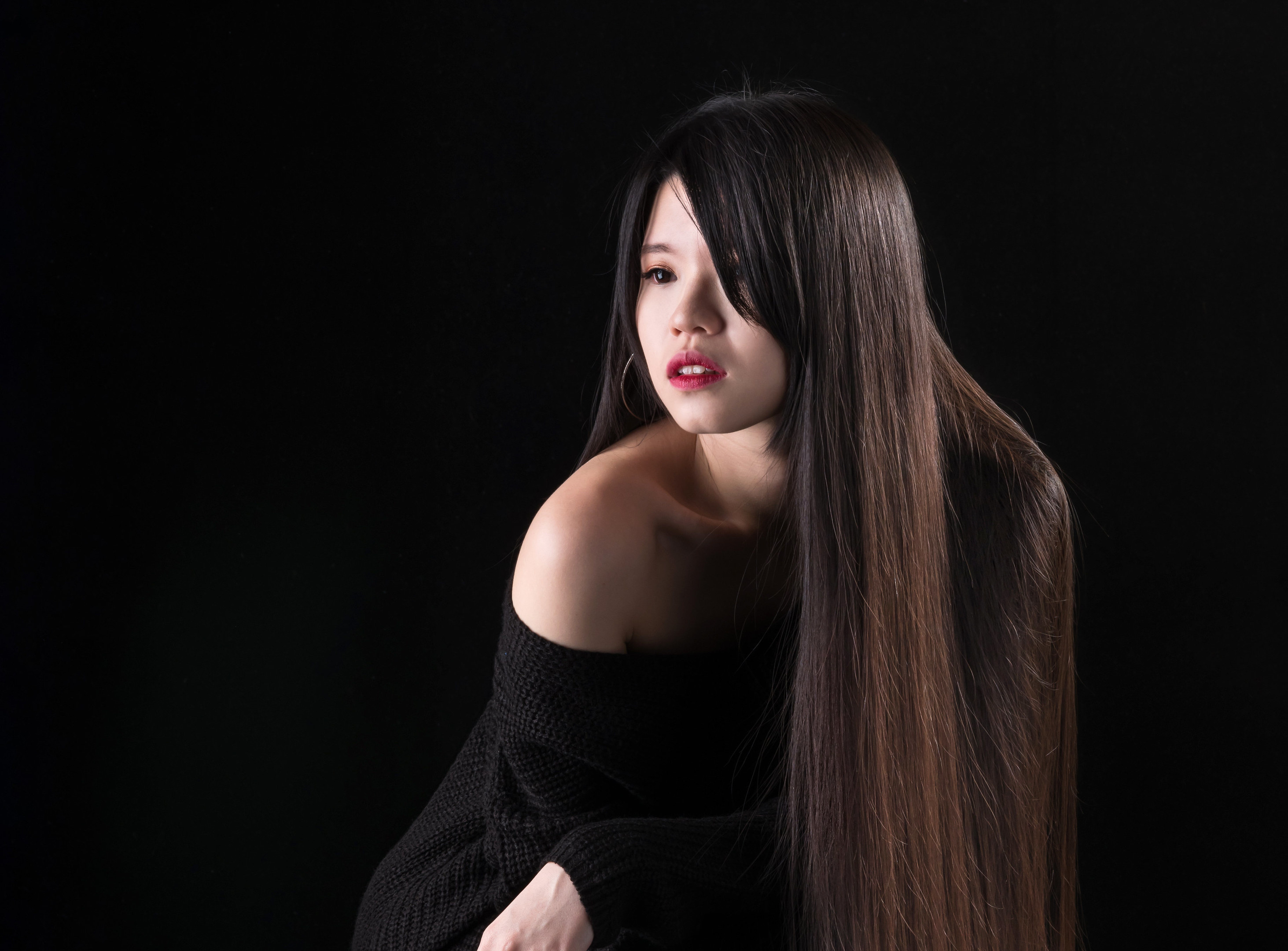 Download mobile wallpaper Model, Women, Asian, Black Hair, Long Hair, Lipstick for free.