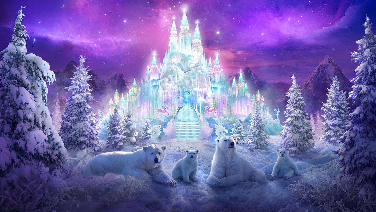 Скачать картинку Зима, Снег, Замок, Дерево, Красочный, Белый Медведь, Художественные в телефон бесплатно.