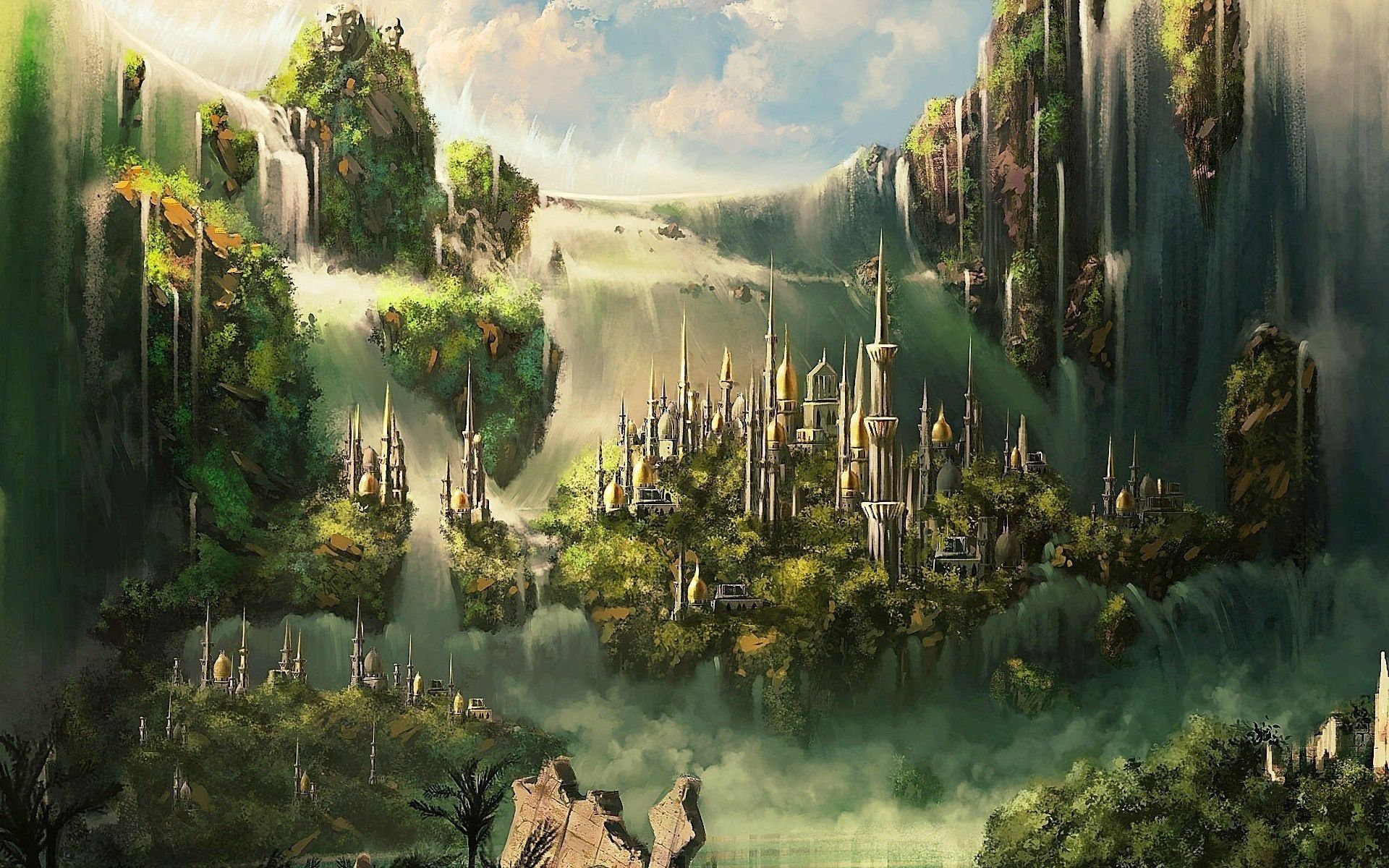 1920x1080 Background fantasy, clouds, waterfalls, city, greens, constructions, facilities