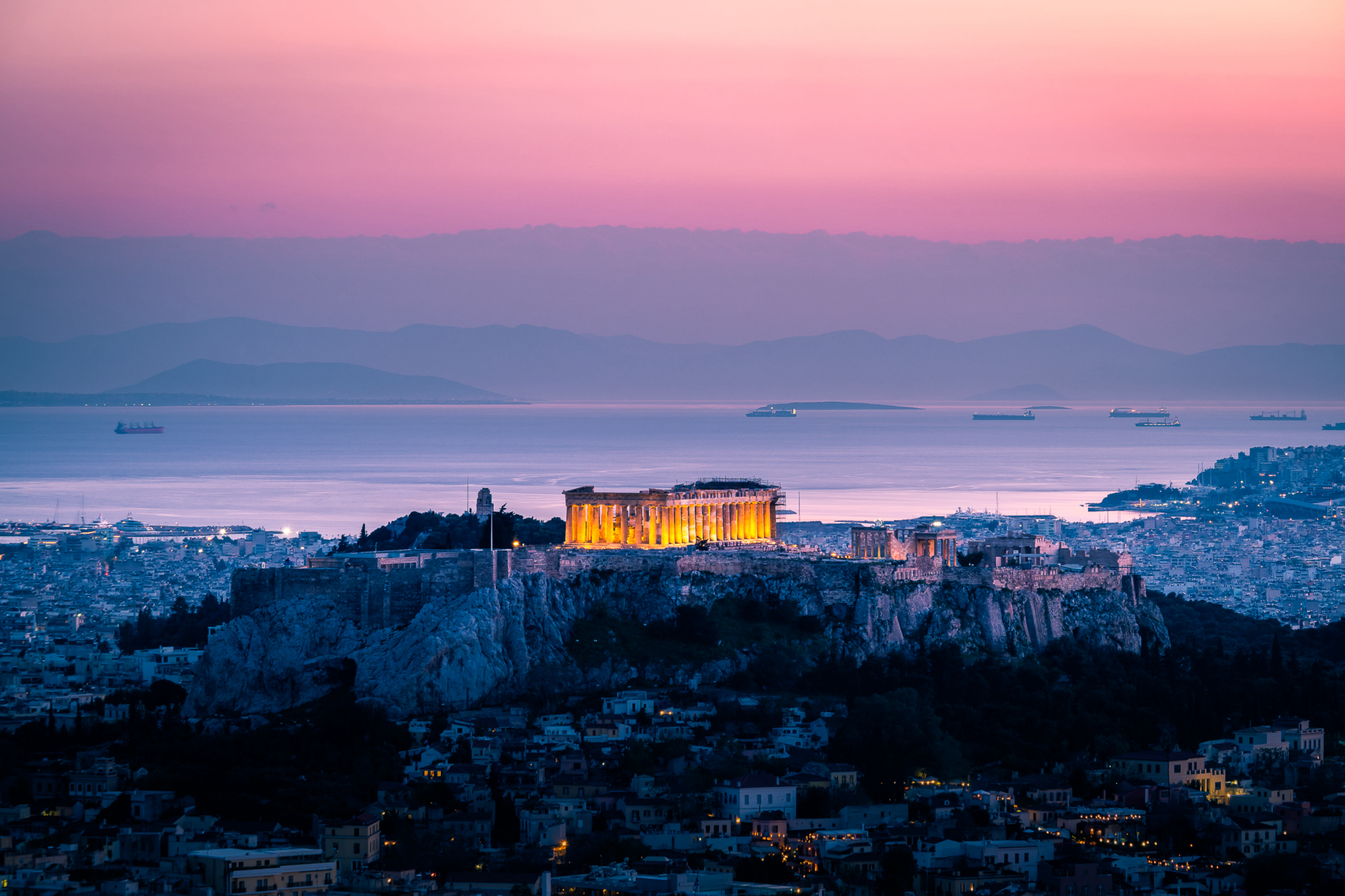greece, athens, cities, sunset, sea, architecture, acropolis