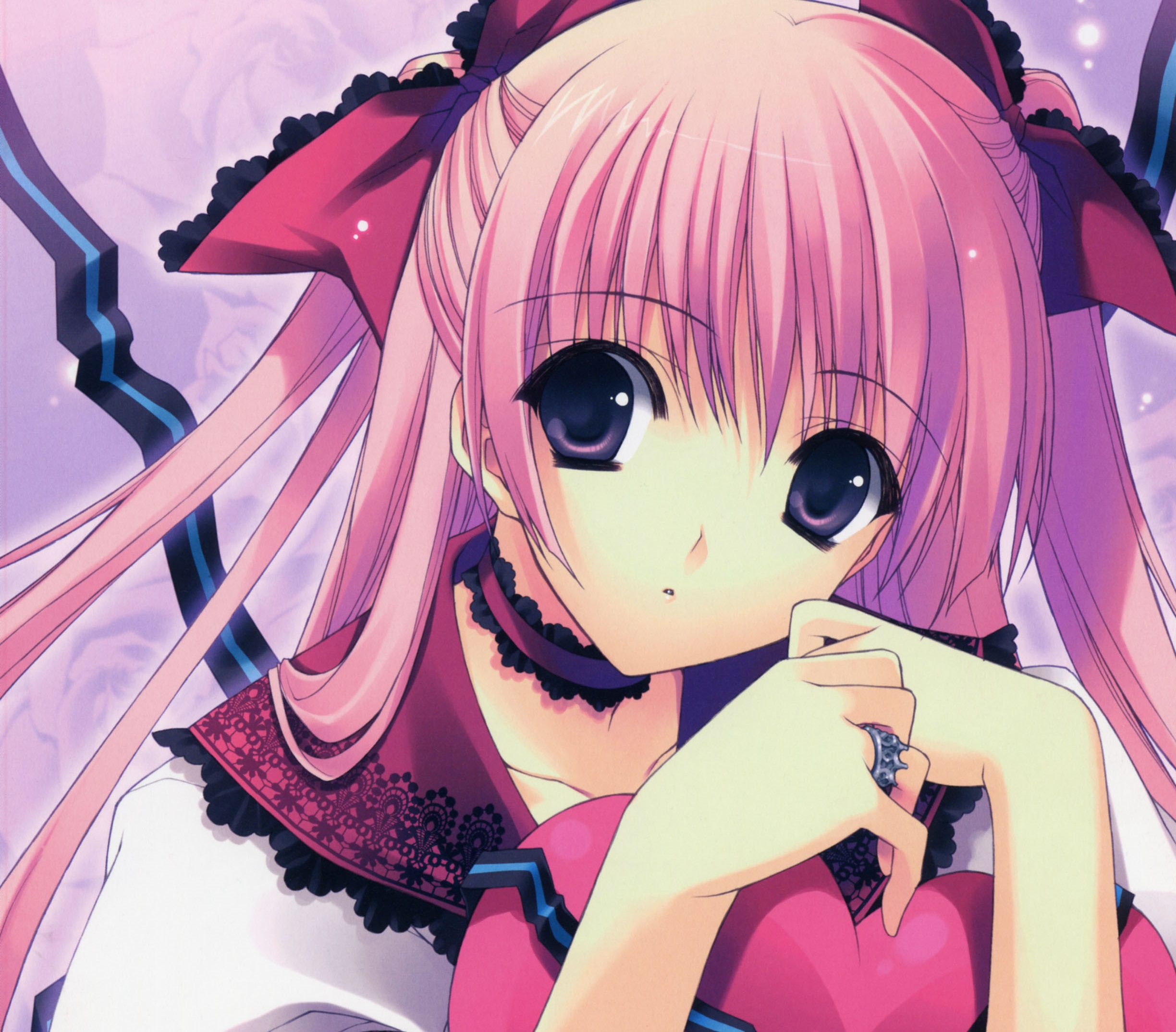 Download mobile wallpaper Anime, Flower, Heart, Ribbon, Original, Pink Hair, Long Hair, Twintails, Black Eyes for free.