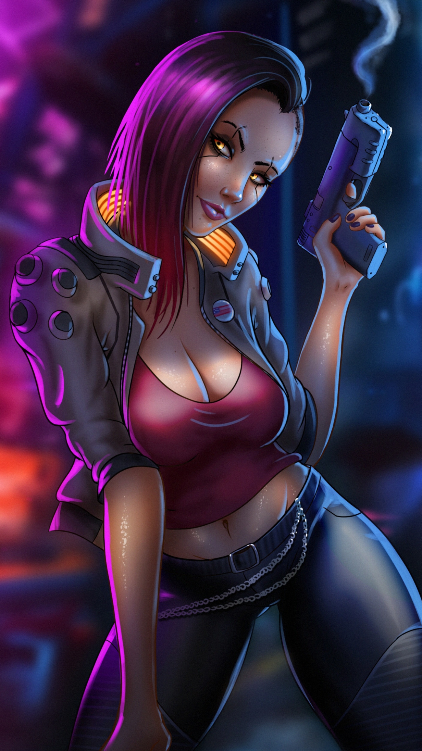Download mobile wallpaper Weapon, Cyborg, Video Game, Gun, Woman Warrior, Purple Hair, Cyberpunk 2077 for free.