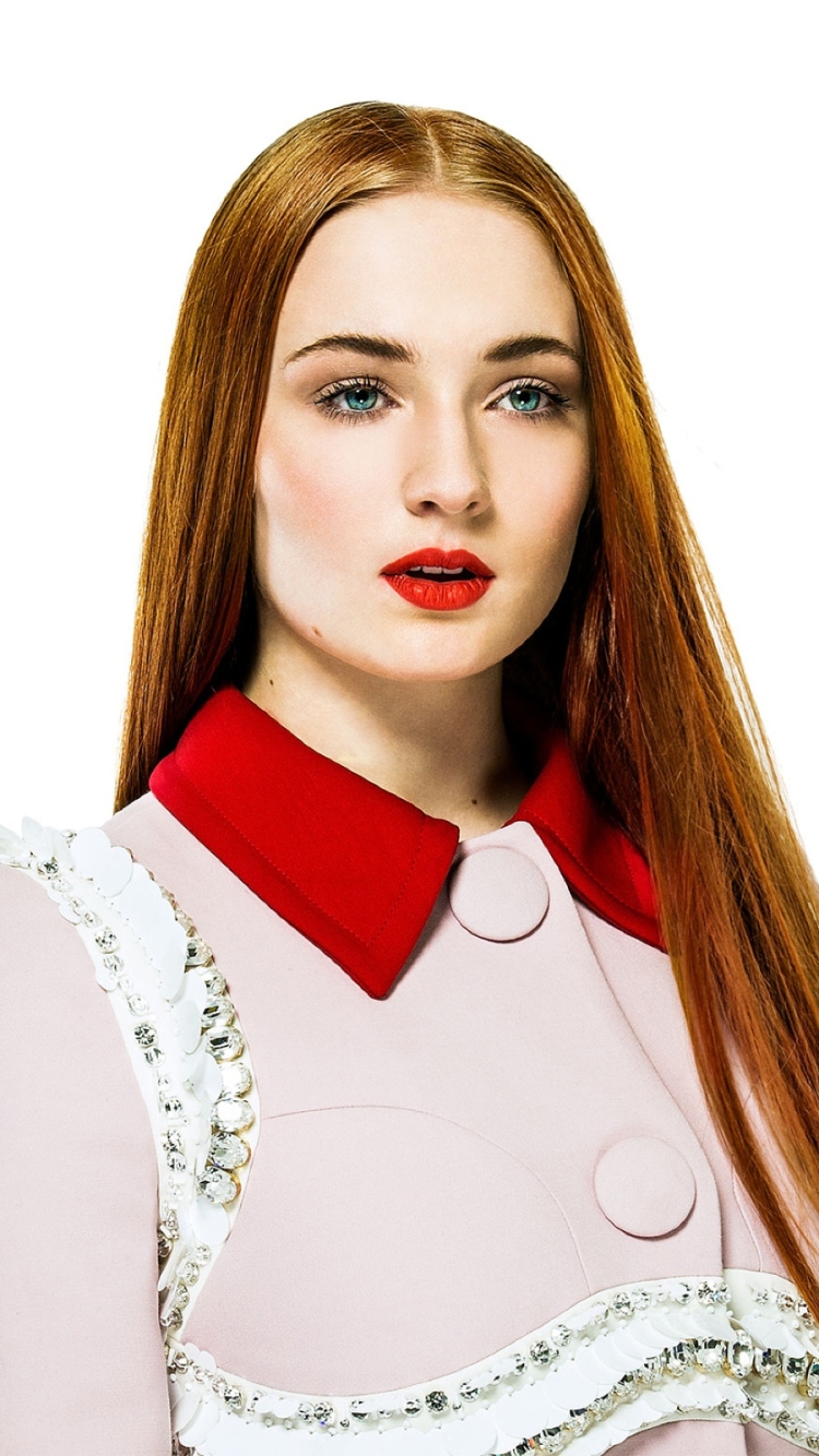 Handy-Wallpaper Rothaarige, Englisch, Blaue Augen, Berühmtheiten, Lange Haare, Darstellerin, Lippenstift, Sophie Turner kostenlos herunterladen.