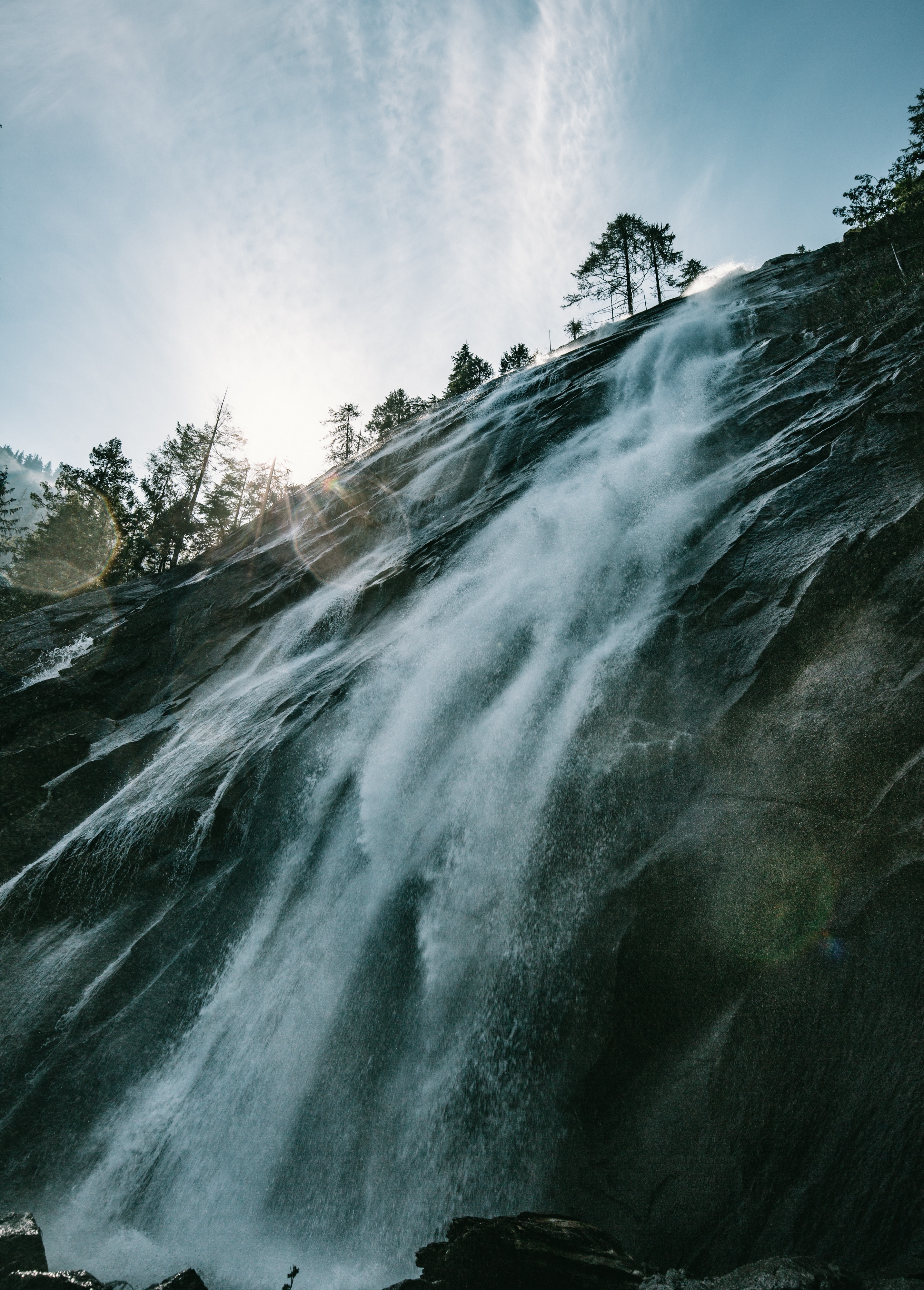nature, trees, glare, waterfall, break, precipice, sunlight High Definition image