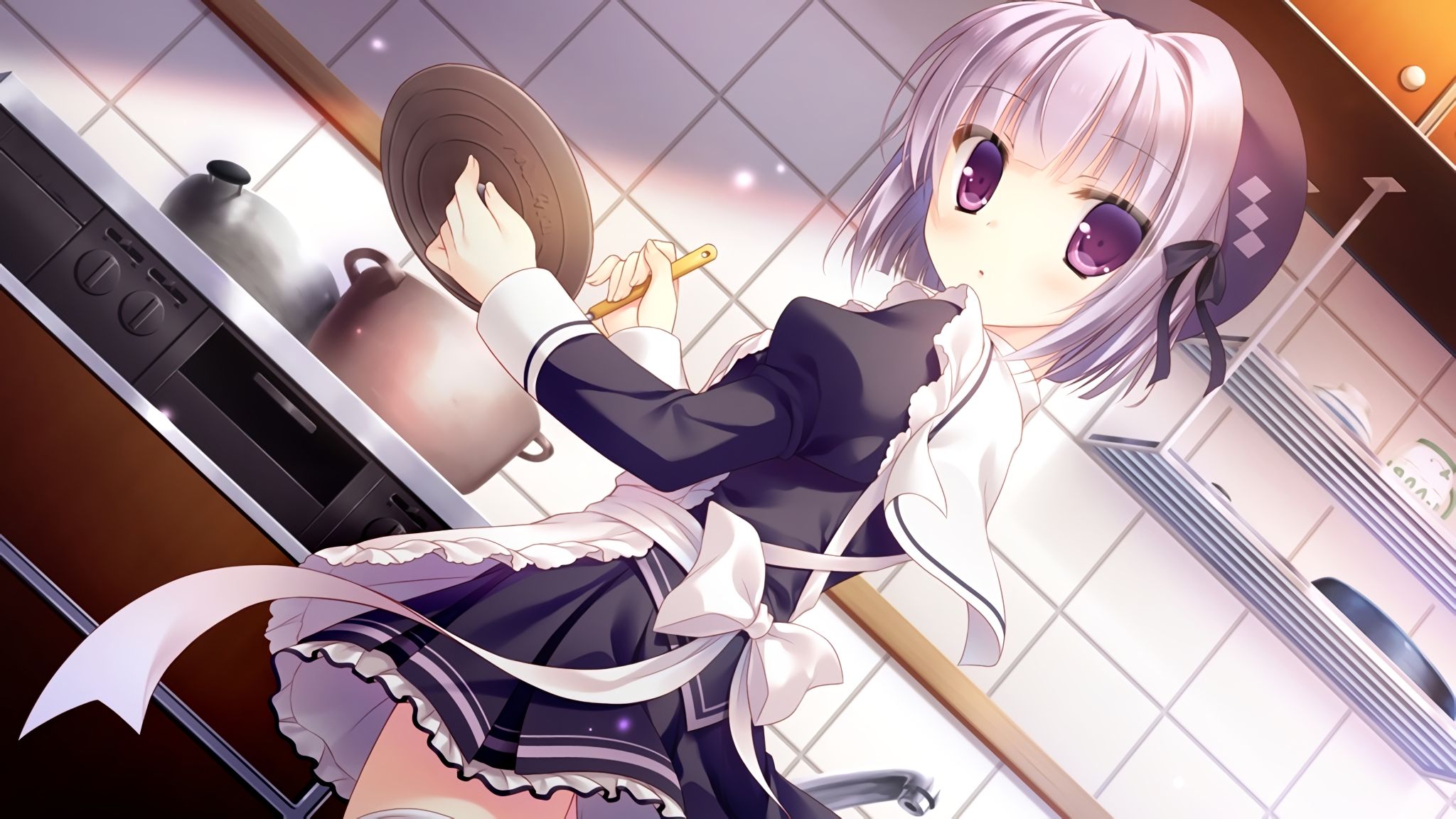 anime, kimi e okuru sora no hana, black dress, cooking, white hair
