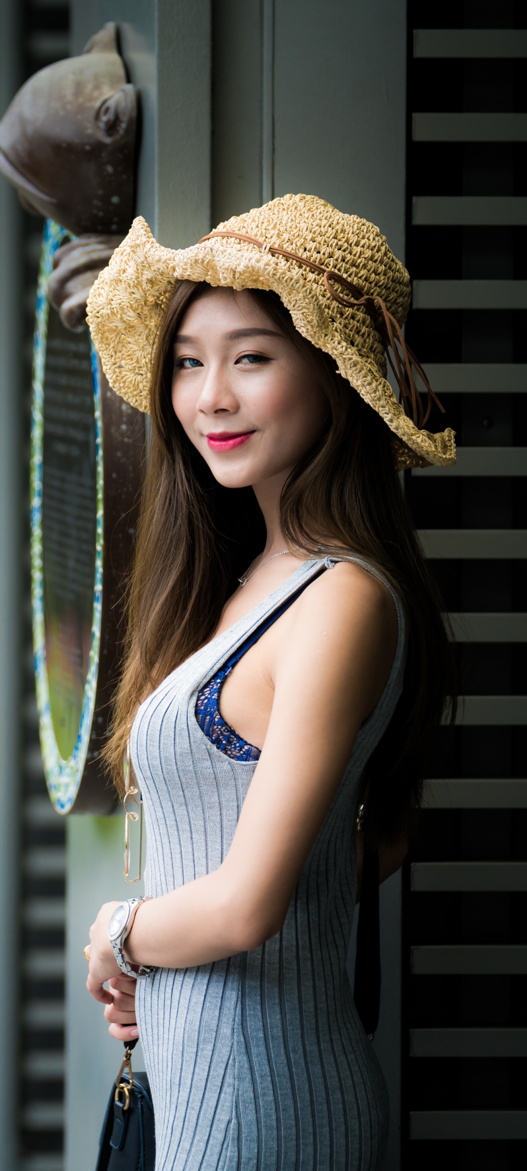 Download mobile wallpaper Smile, Hat, Dress, Brunette, Model, Women, Asian for free.