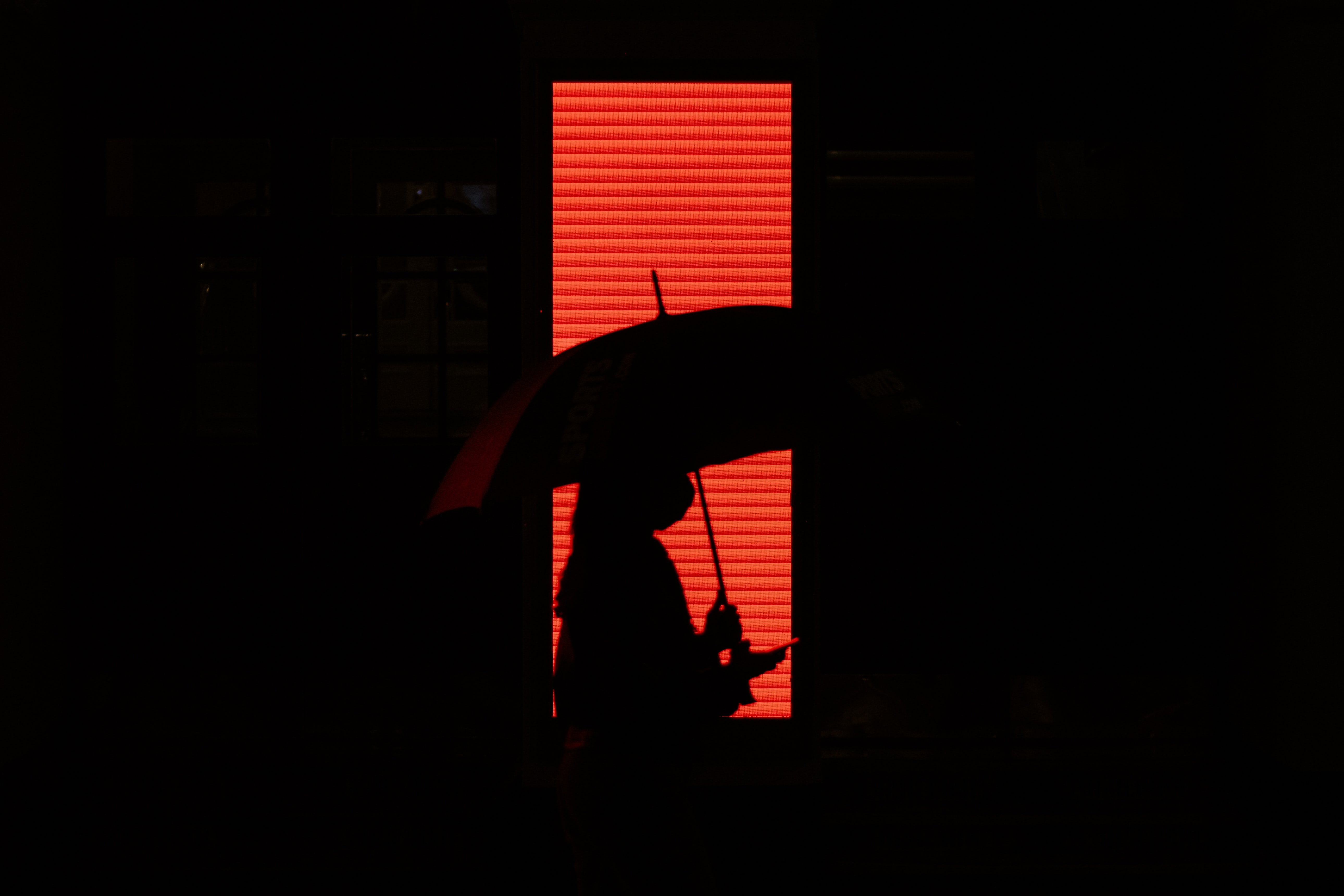 person, red, dark, silhouette, human, umbrella