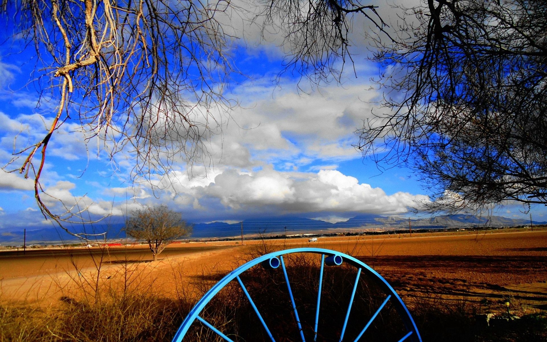 wheel, nature, sky, clouds, field, iron