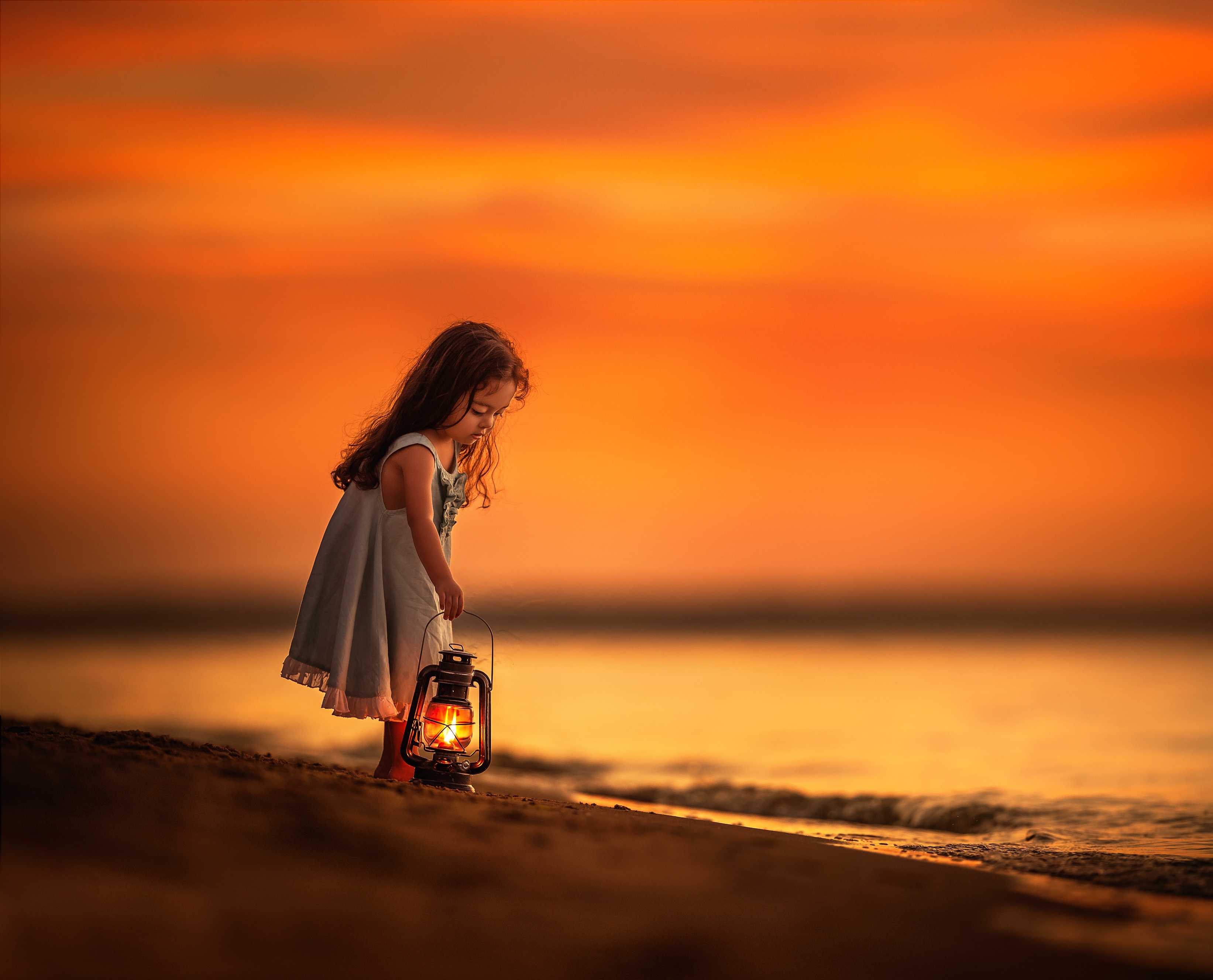 Download mobile wallpaper Sunset, Beach, Lantern, Child, Cute, Photography, Little Girl for free.