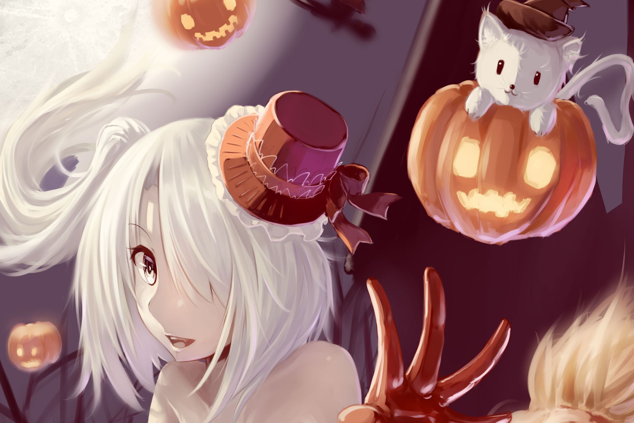 Download mobile wallpaper Anime, Halloween, Pumpkin, Cat, Witch, White Hair for free.