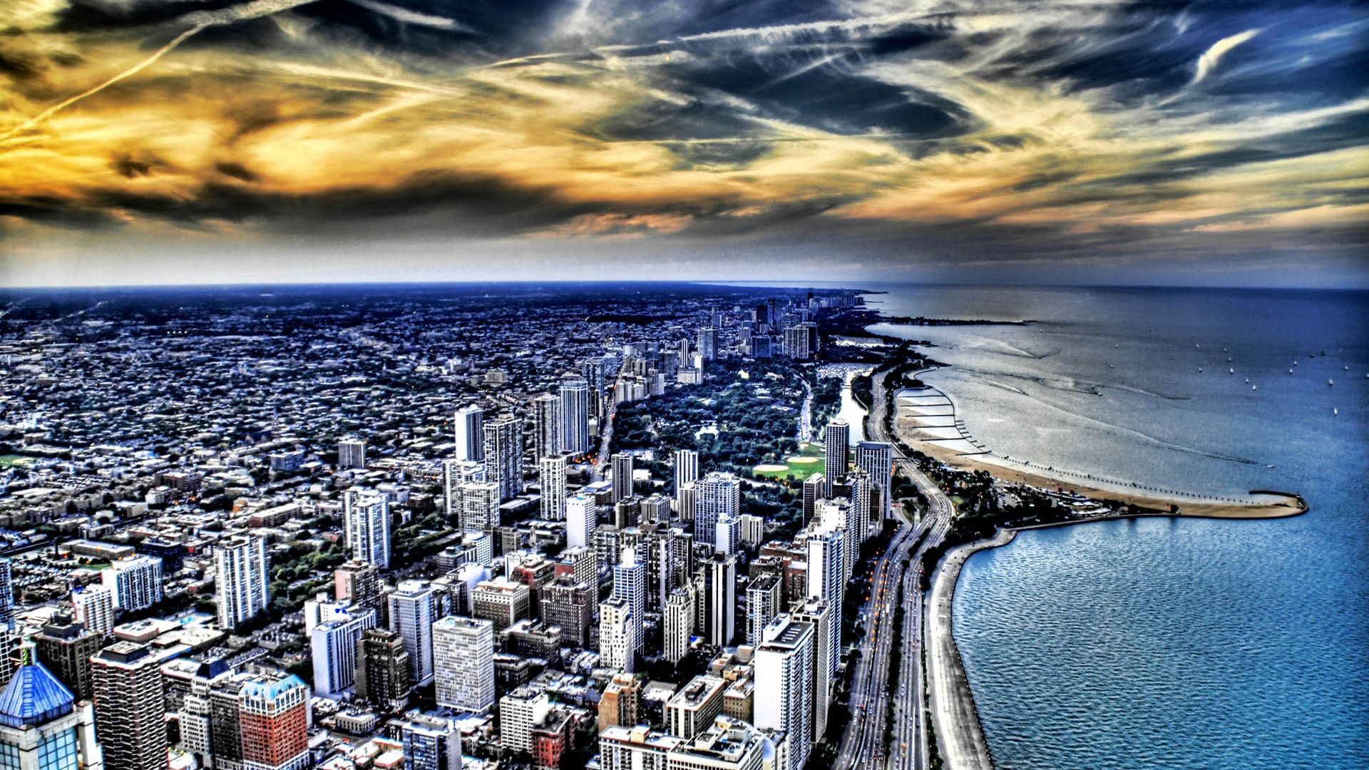 shore, chicago, cities, building, view from above, bank, ocean, skyscrapers, hdr