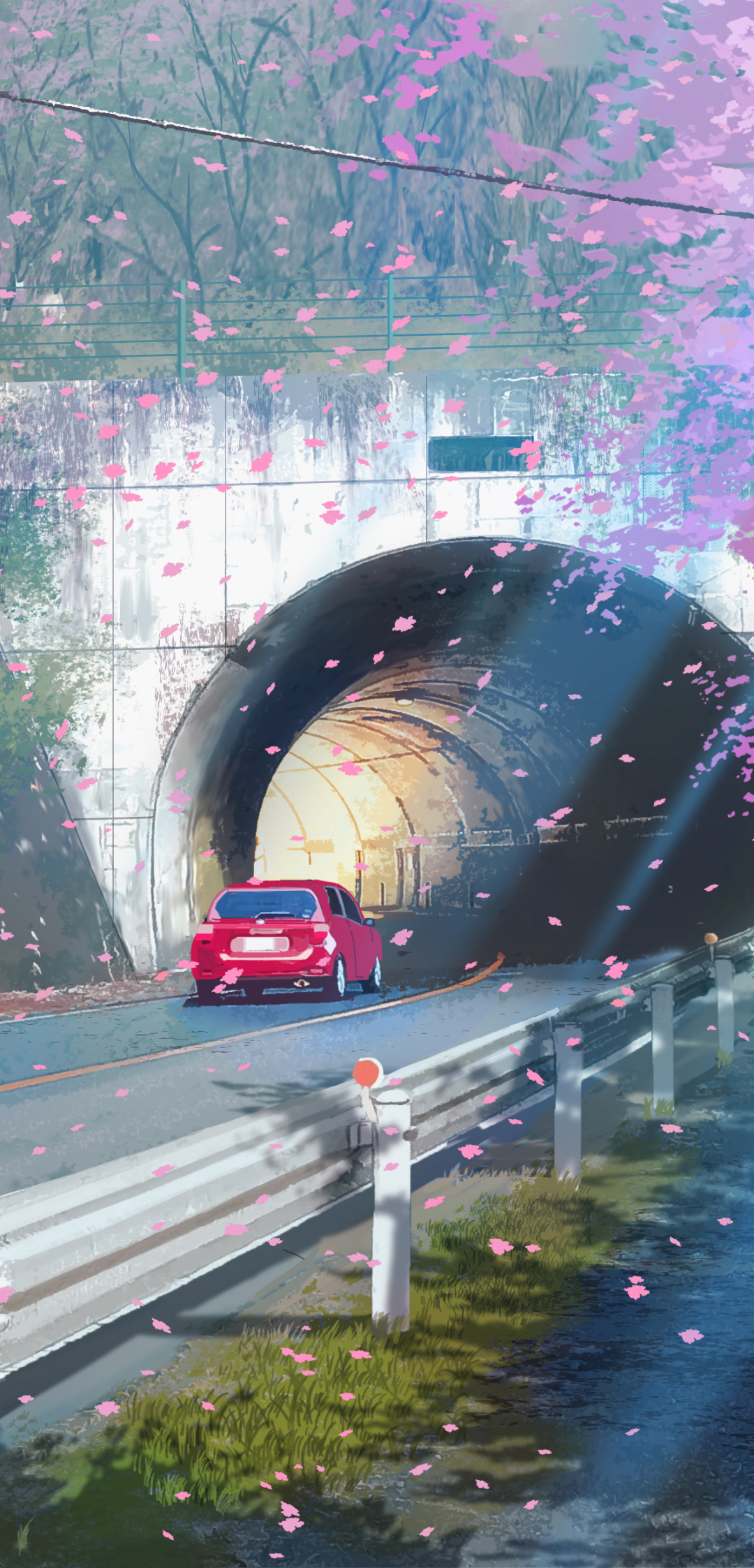 Download mobile wallpaper Anime, Sakura, Road, Car, Tunnel for free.