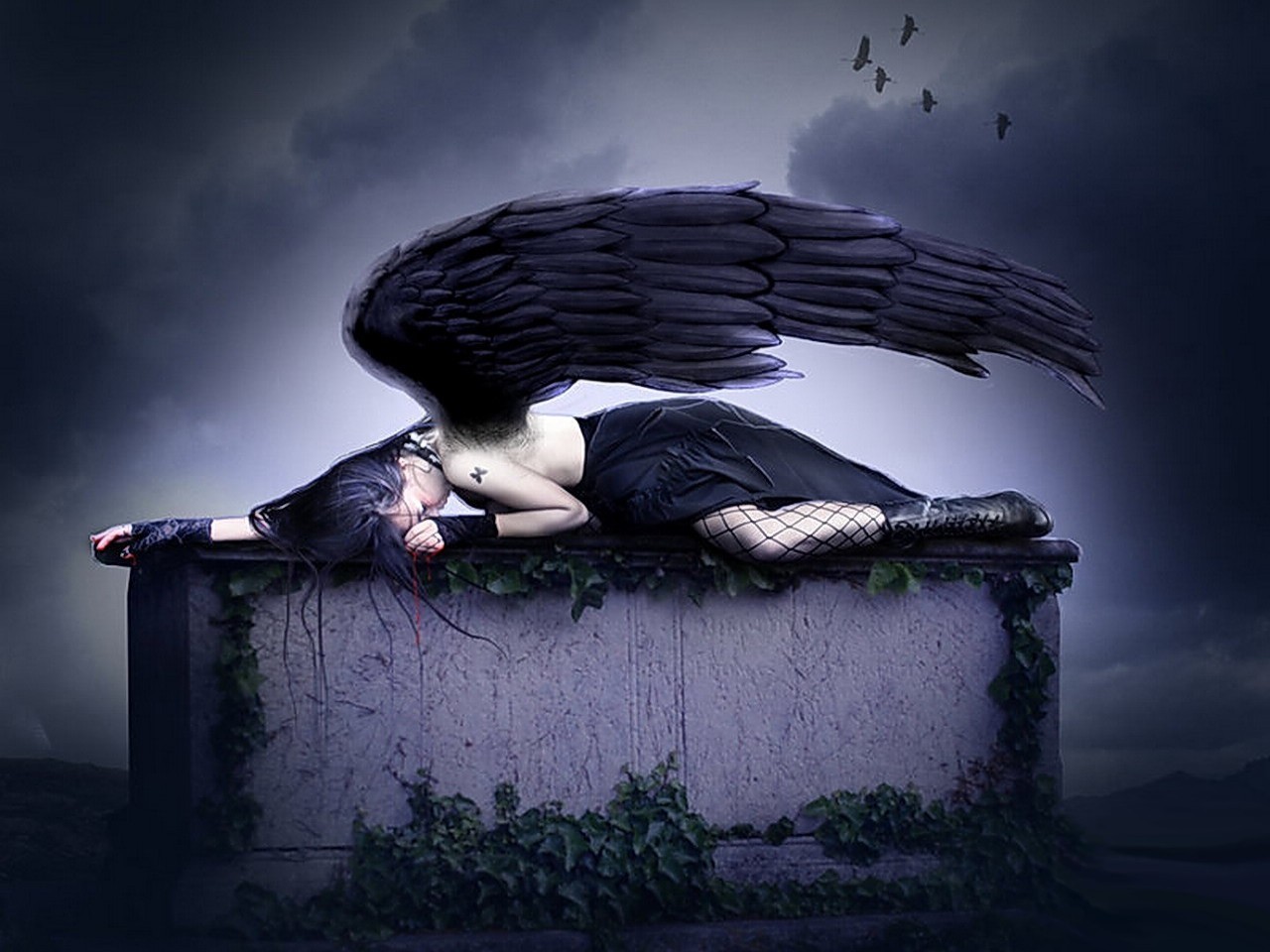 Cool Wallpapers dark, angel, bird, grave, wings