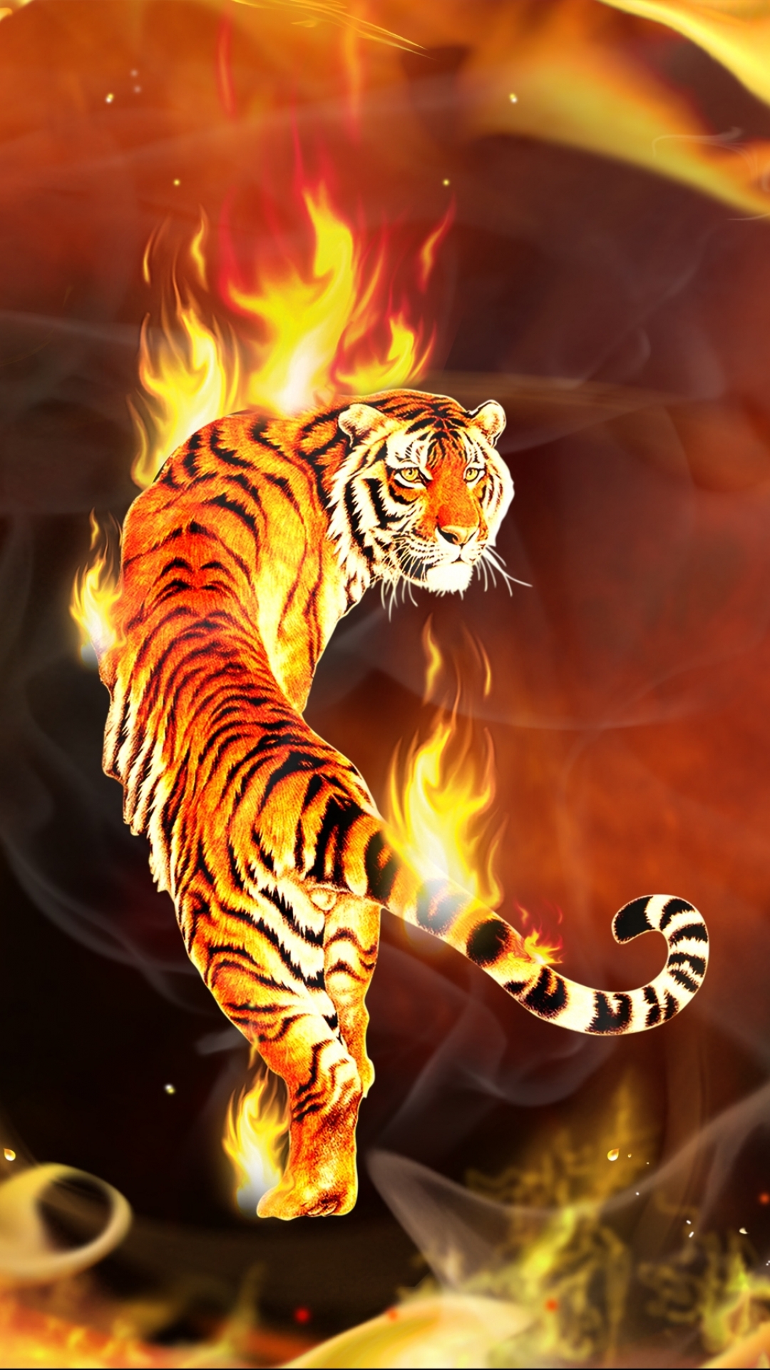 Download mobile wallpaper Fantasy, Fire, Flame, 3D, Tiger, Psychedelic, Cgi, Fantasy Animals for free.
