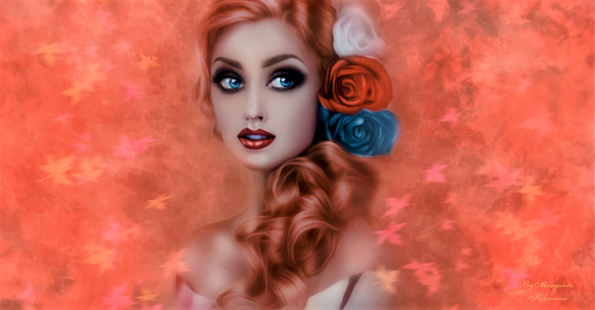 Download mobile wallpaper Flower, Rose, Redhead, Painting, Hair, Artistic, Blue Eyes, Lipstick for free.