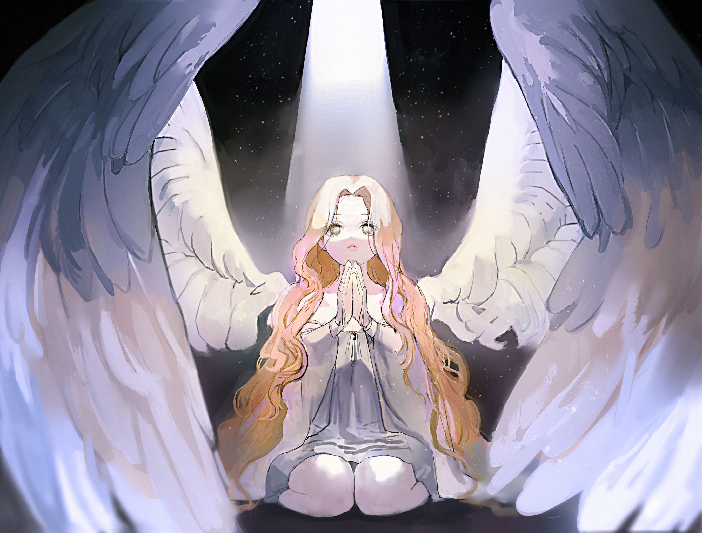 無料モバイル壁紙天使, 翼, 長い髪, アニメをダウンロードします。