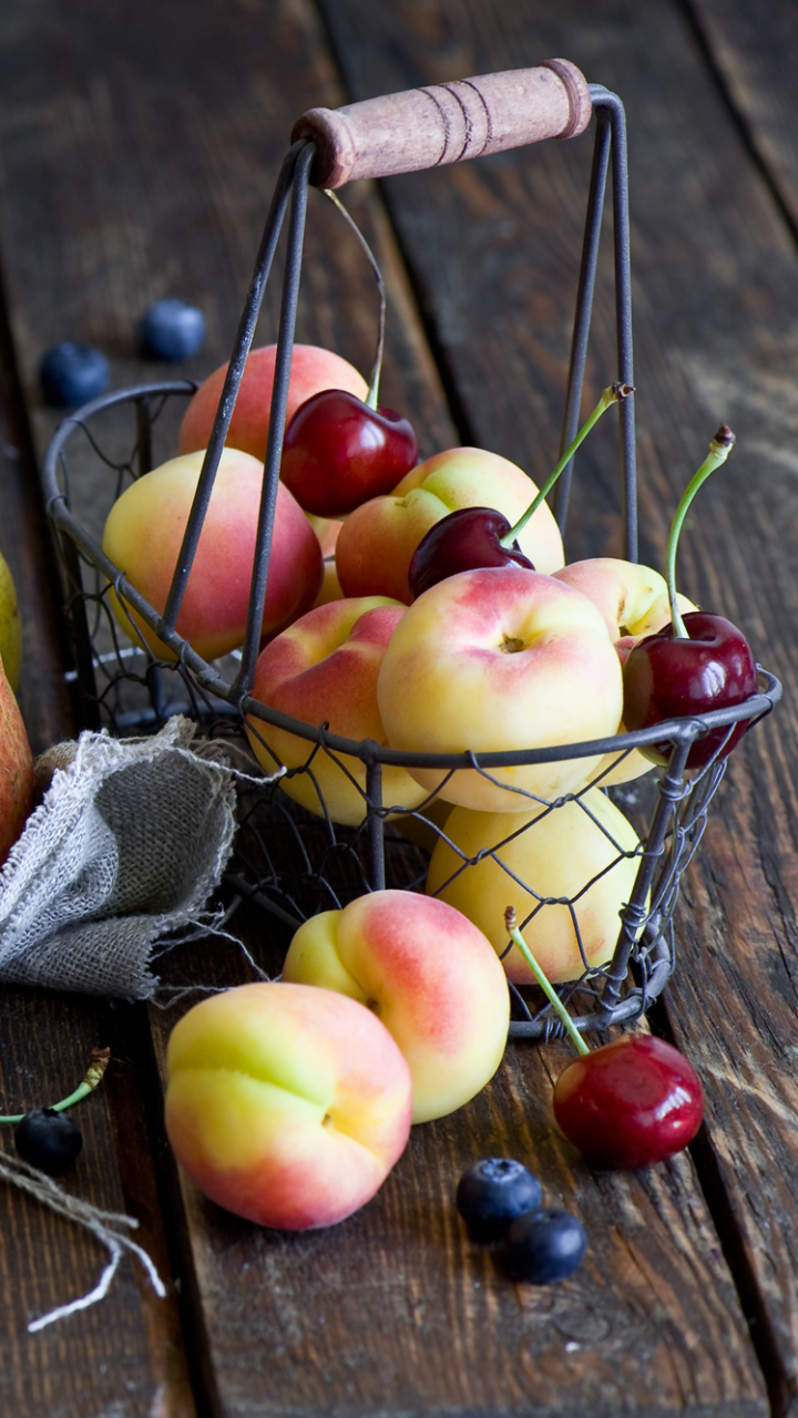 Download mobile wallpaper Fruits, Food, Cherry, Blueberry, Still Life, Fruit, Peach, Pear for free.