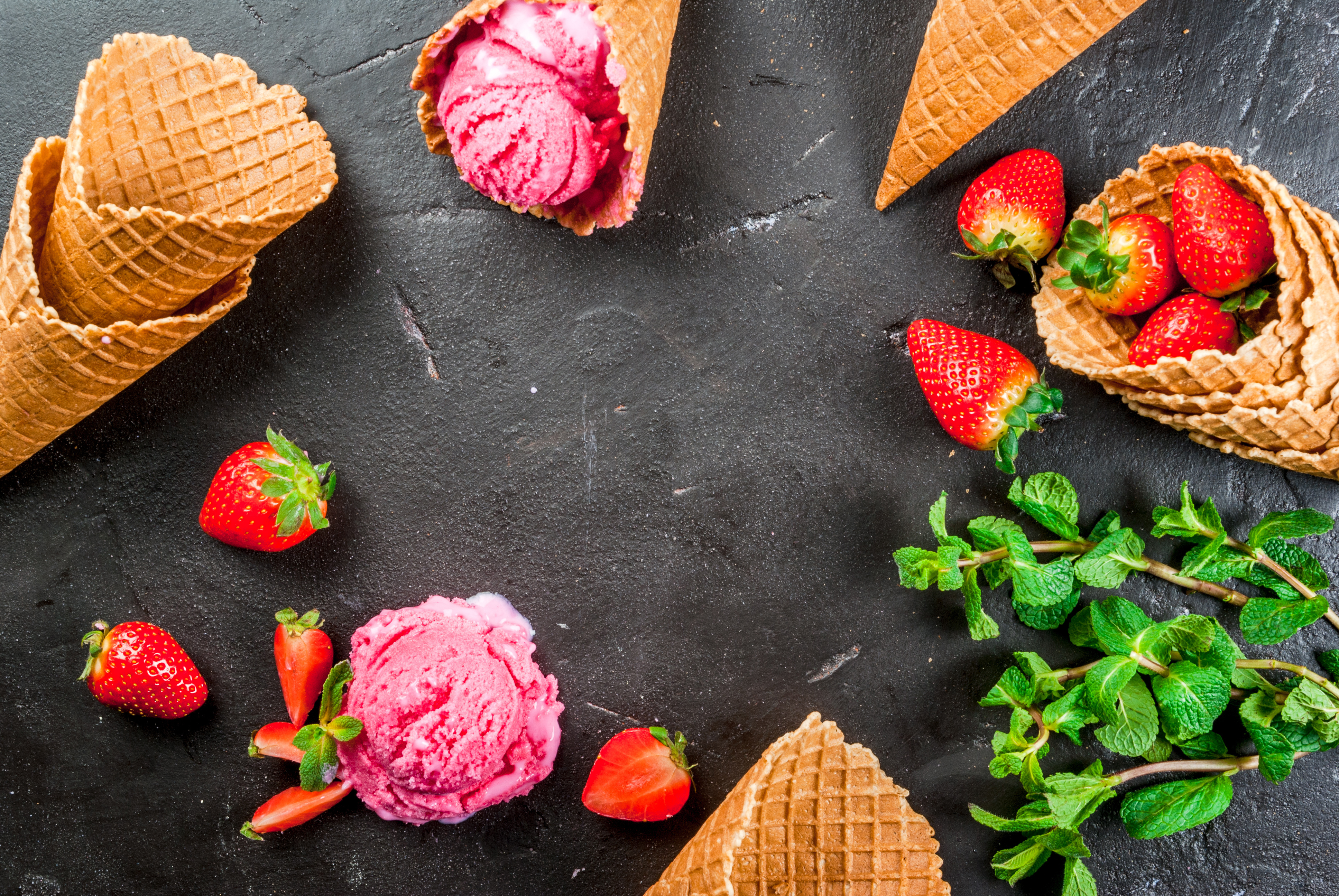 Free download wallpaper Food, Strawberry, Ice Cream, Still Life, Waffle Cone on your PC desktop