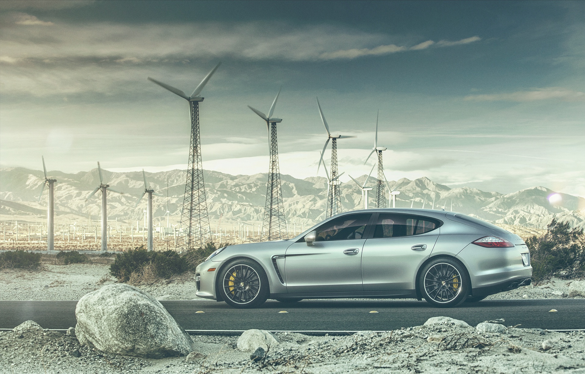 Download mobile wallpaper Porsche, Car, Porsche Panamera, Wind Turbine, Vehicles, Silver Car for free.