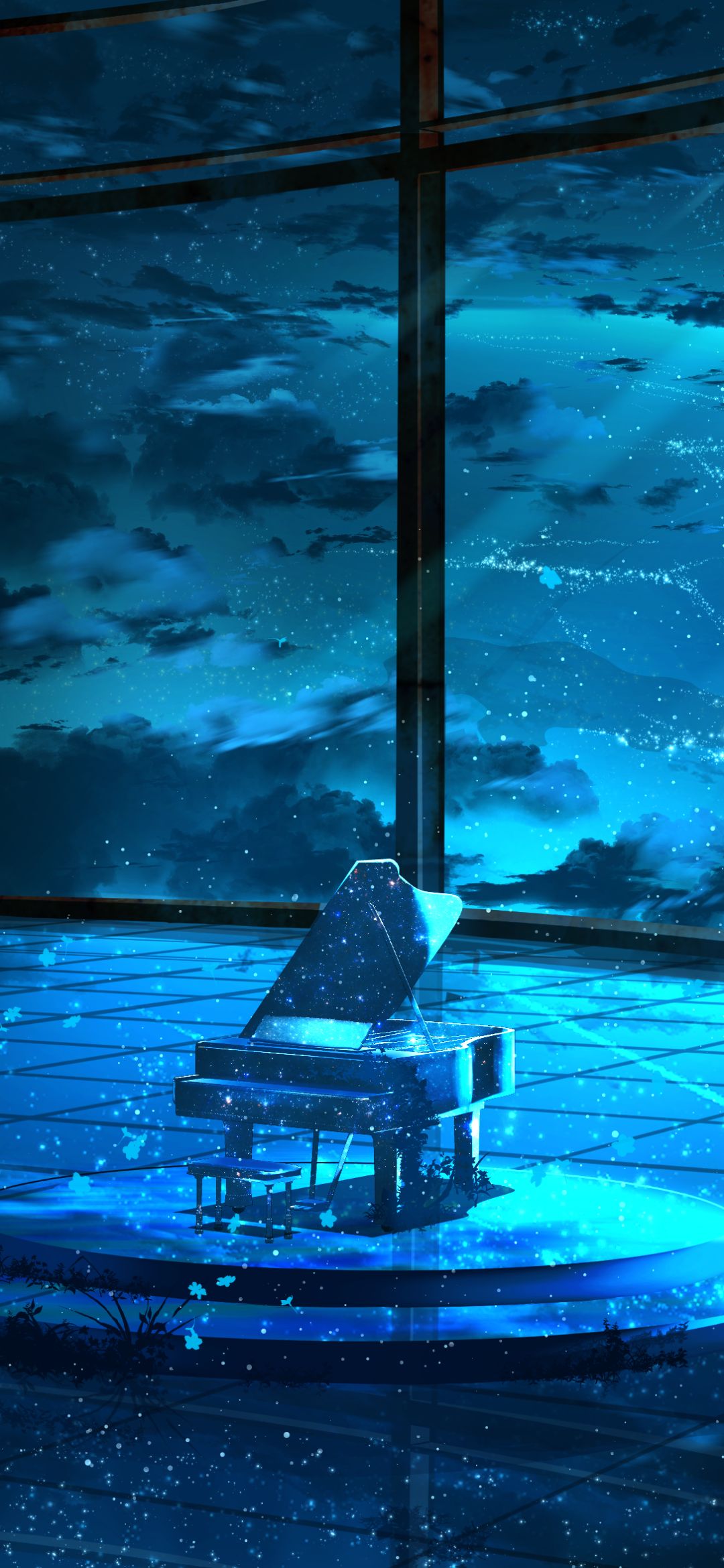 Download mobile wallpaper Anime, Night, Piano, Starry Sky, Original for free.