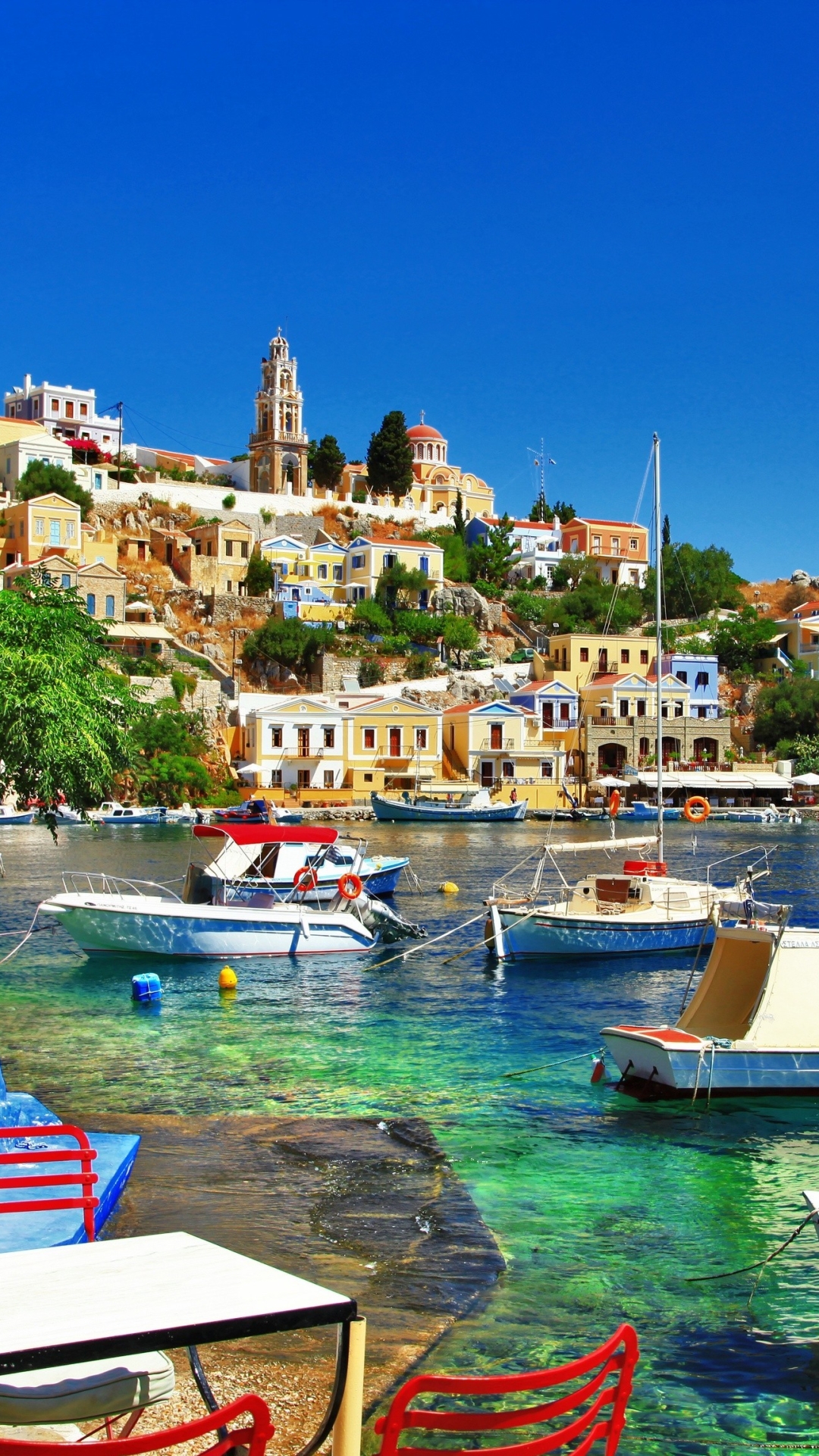 Download mobile wallpaper Boat, Island, Greece, Man Made, Halki, Towns for free.