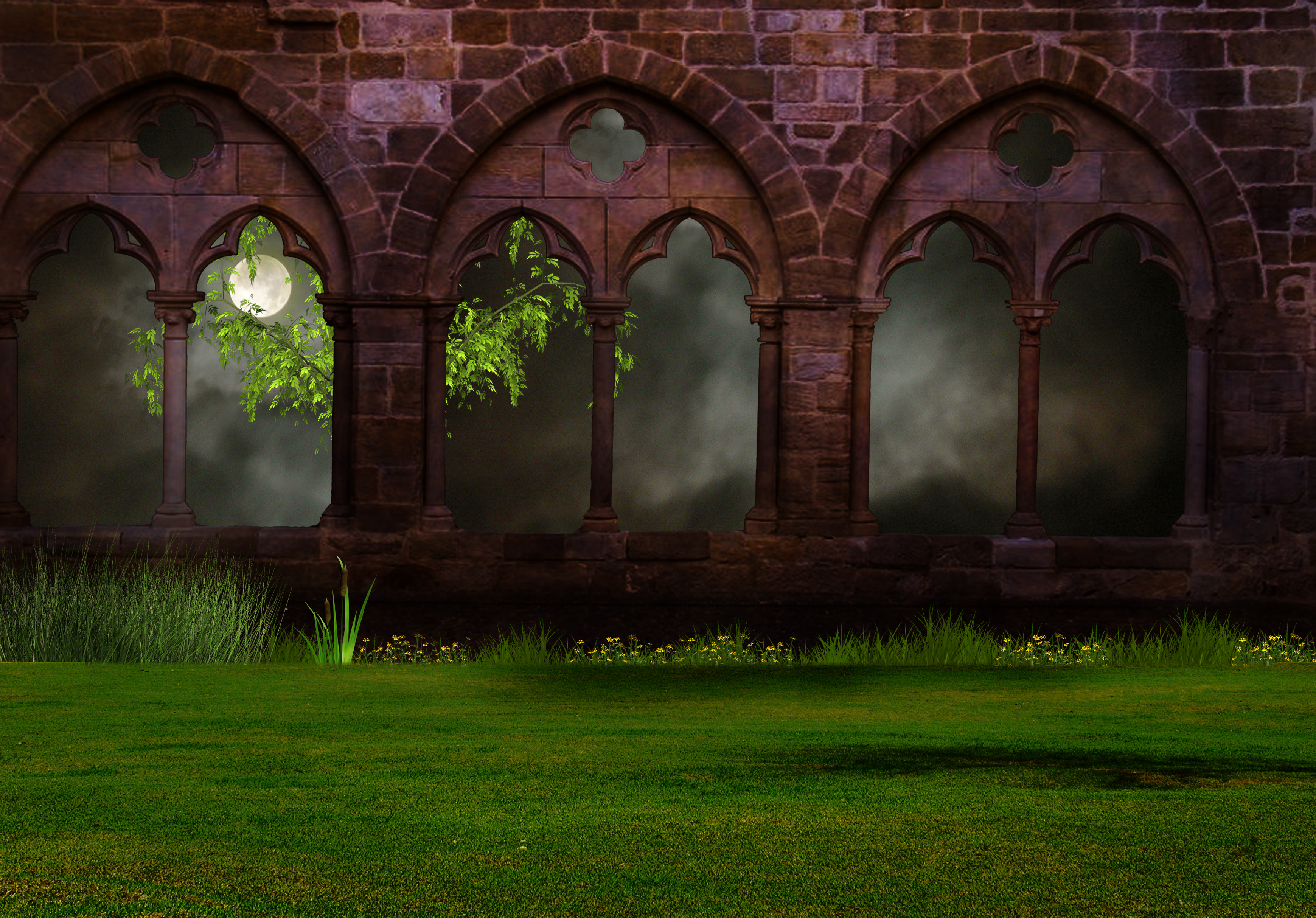 Download mobile wallpaper Grass, Night, Moon, Window, Arch, Artistic for free.