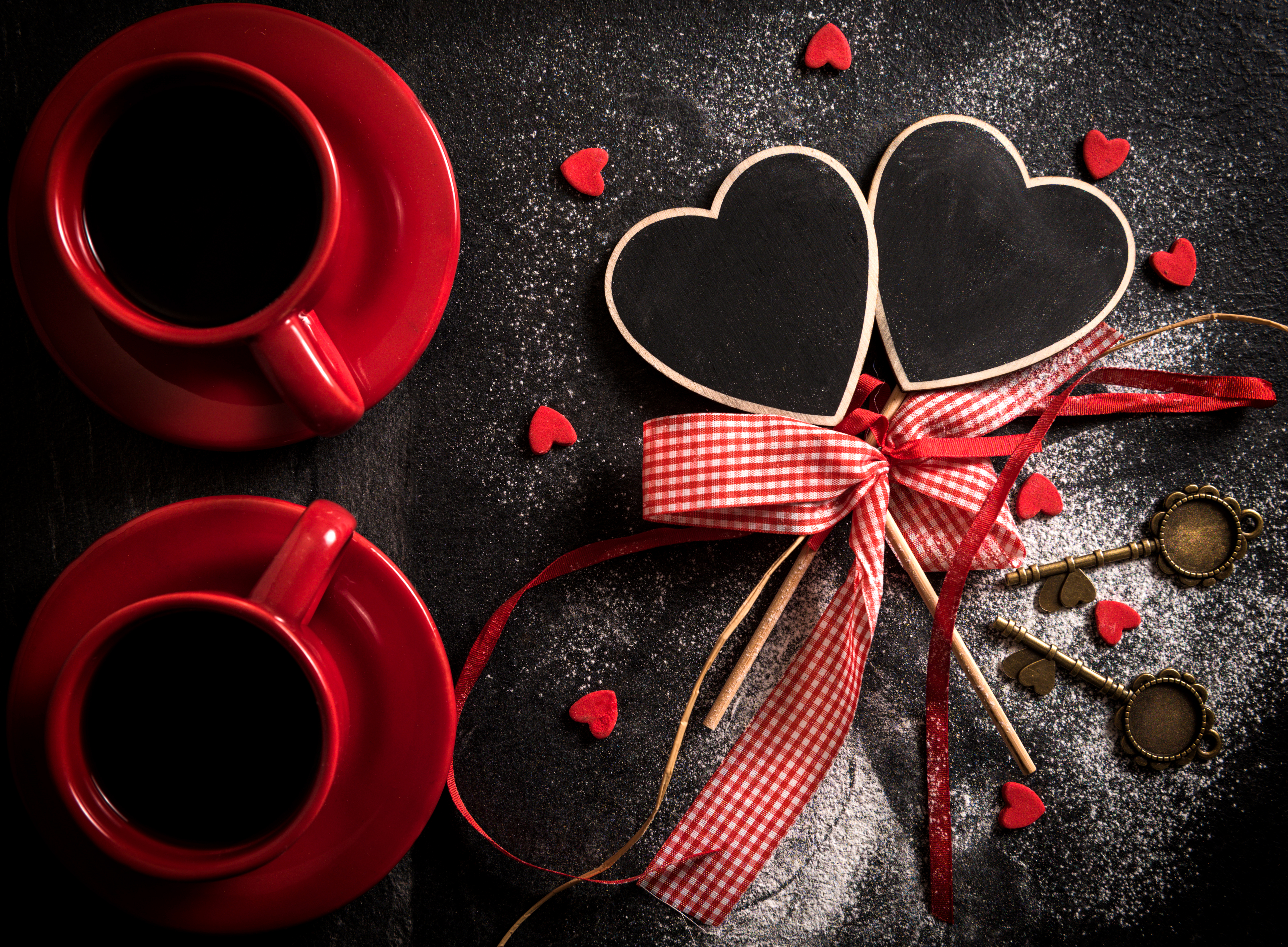 1524771 скачать обои кофе, день святого валентина, праздничные, сердце, ключ, любовь, красный, лента - заставки и картинки бесплатно