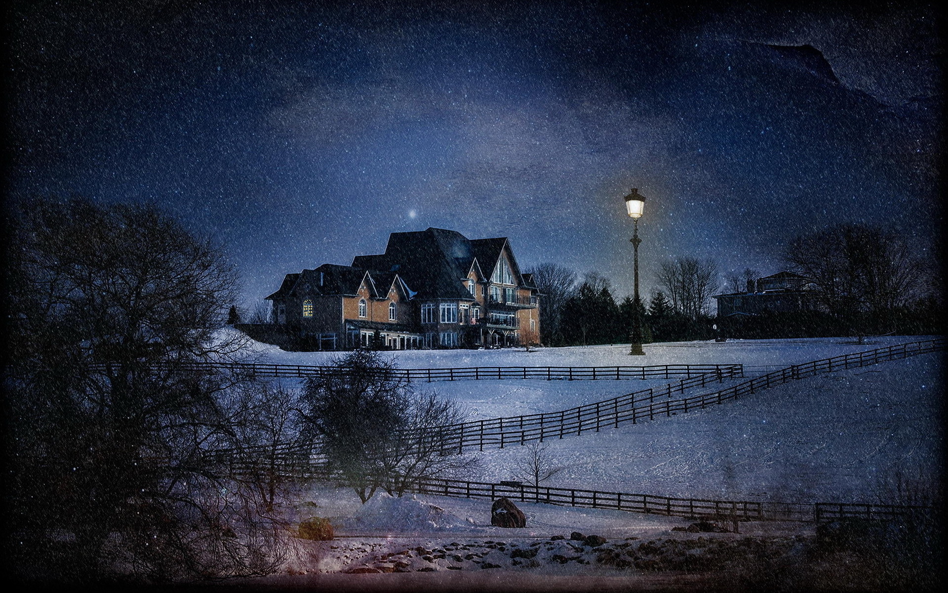 Free download wallpaper Winter, Sky, Night, Snow, Road, Starry Sky, House, Man Made on your PC desktop