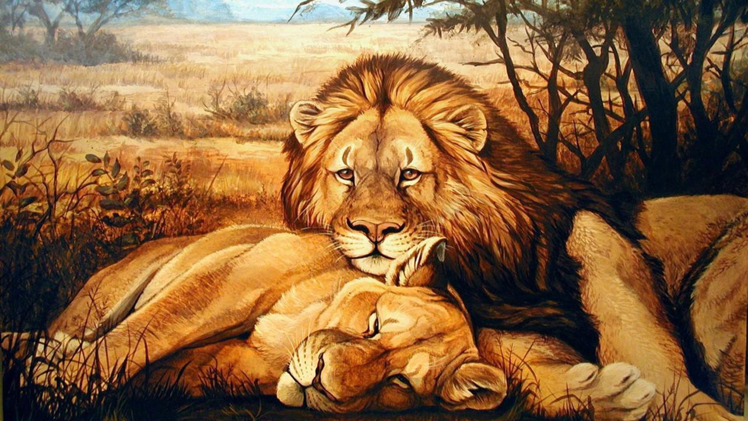 PCデスクトップに動物, ライオン, 猫, カップル, ペインティング, 愛する画像を無料でダウンロード