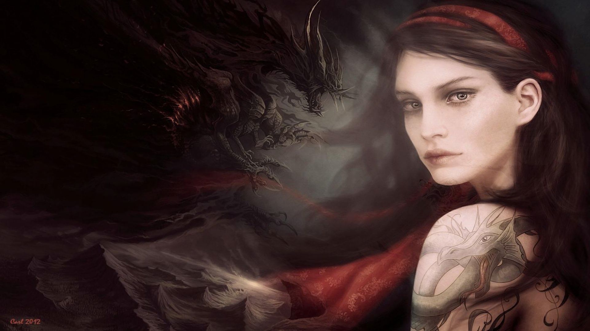 Free download wallpaper Fantasy, Dragon, Headband, Scary, Red Dress on your PC desktop