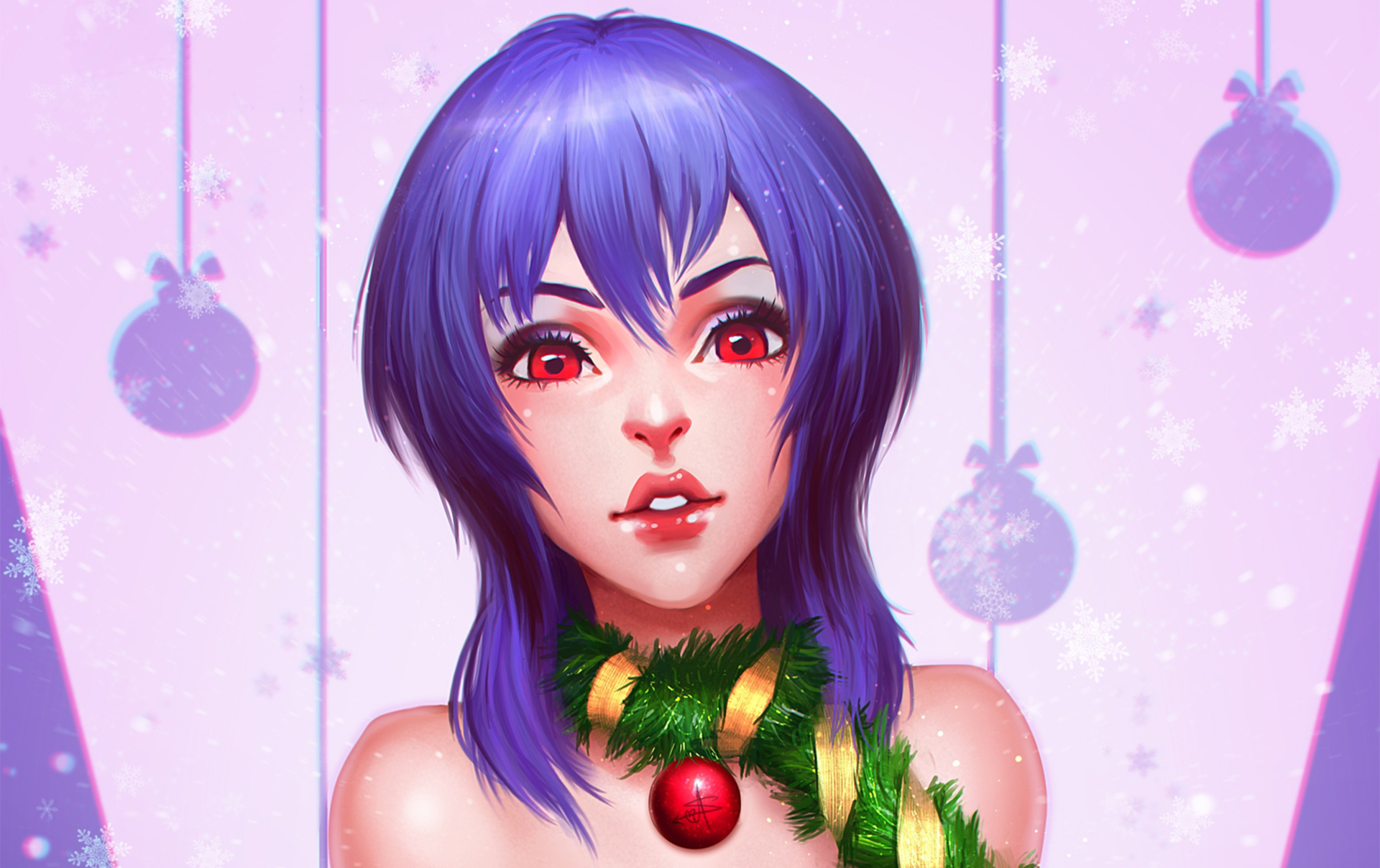 Download mobile wallpaper Christmas, Artistic, Face, Women, Red Eyes, Purple Hair for free.