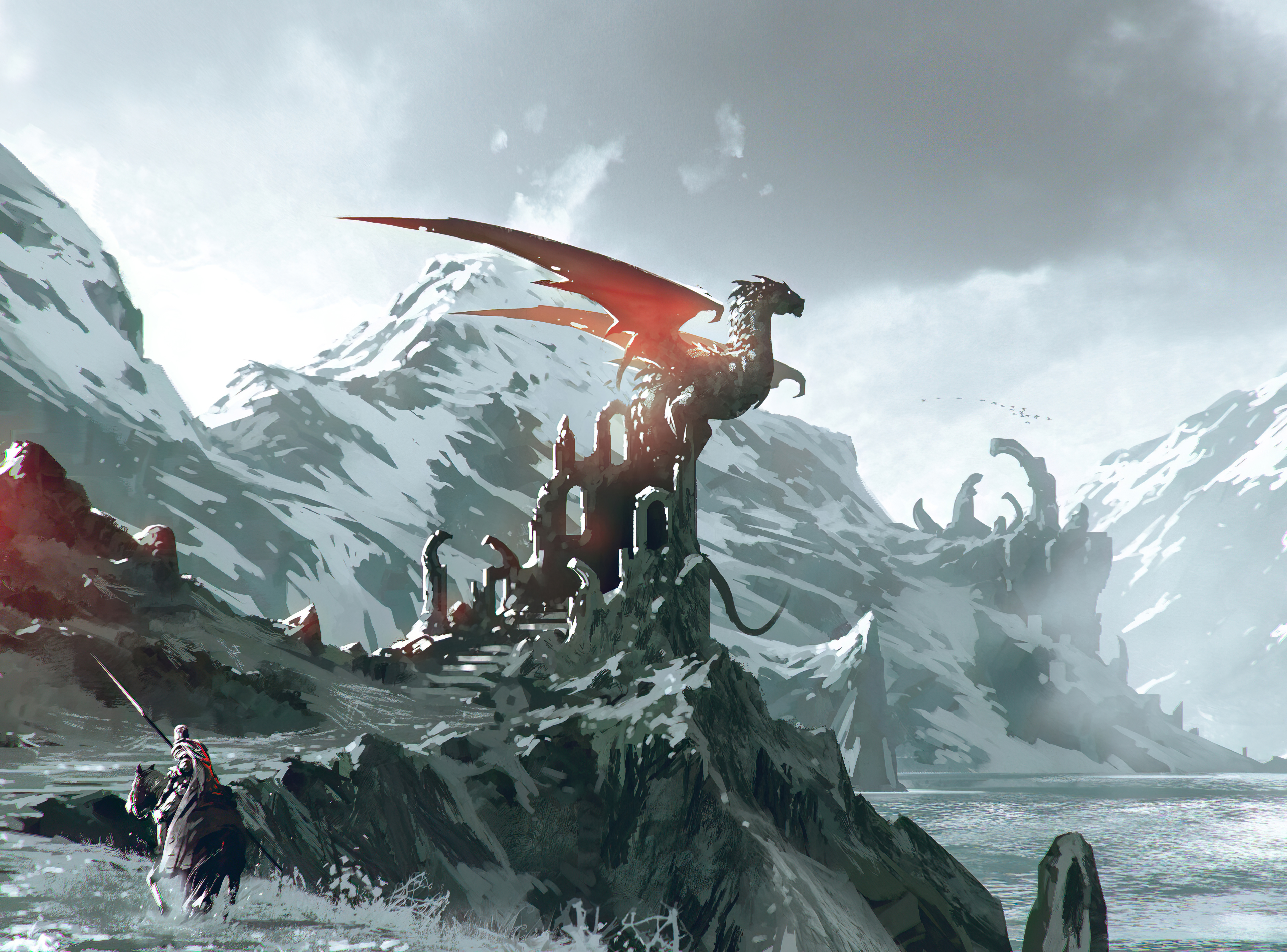 Download mobile wallpaper Fantasy, Dragon, Warrior, Ruin, Knight for free.