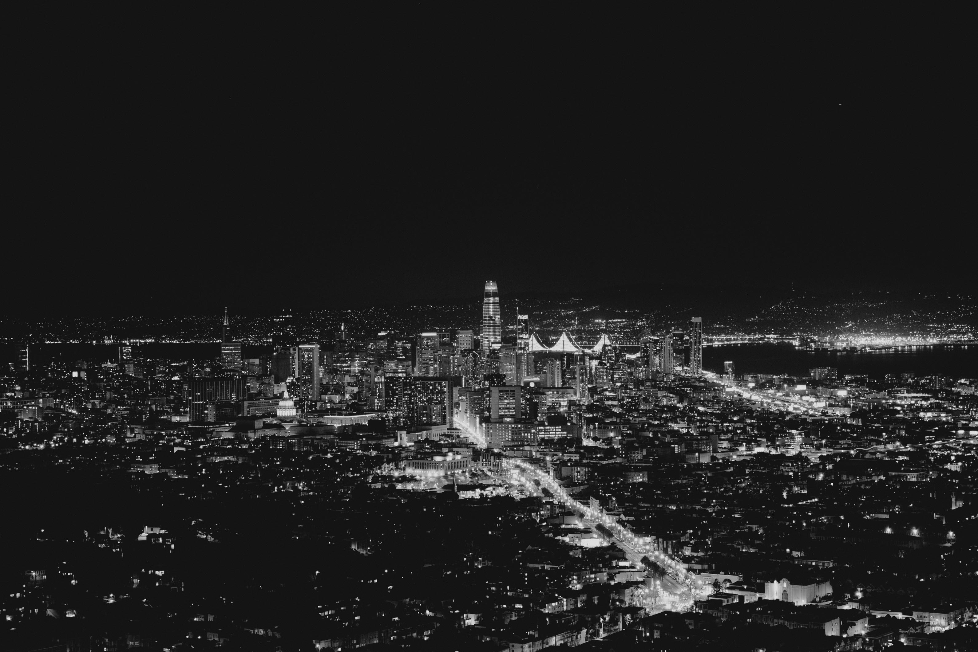 san francisco, cities, usa, night city, skyscrapers, bw, chb, united states cell phone wallpapers