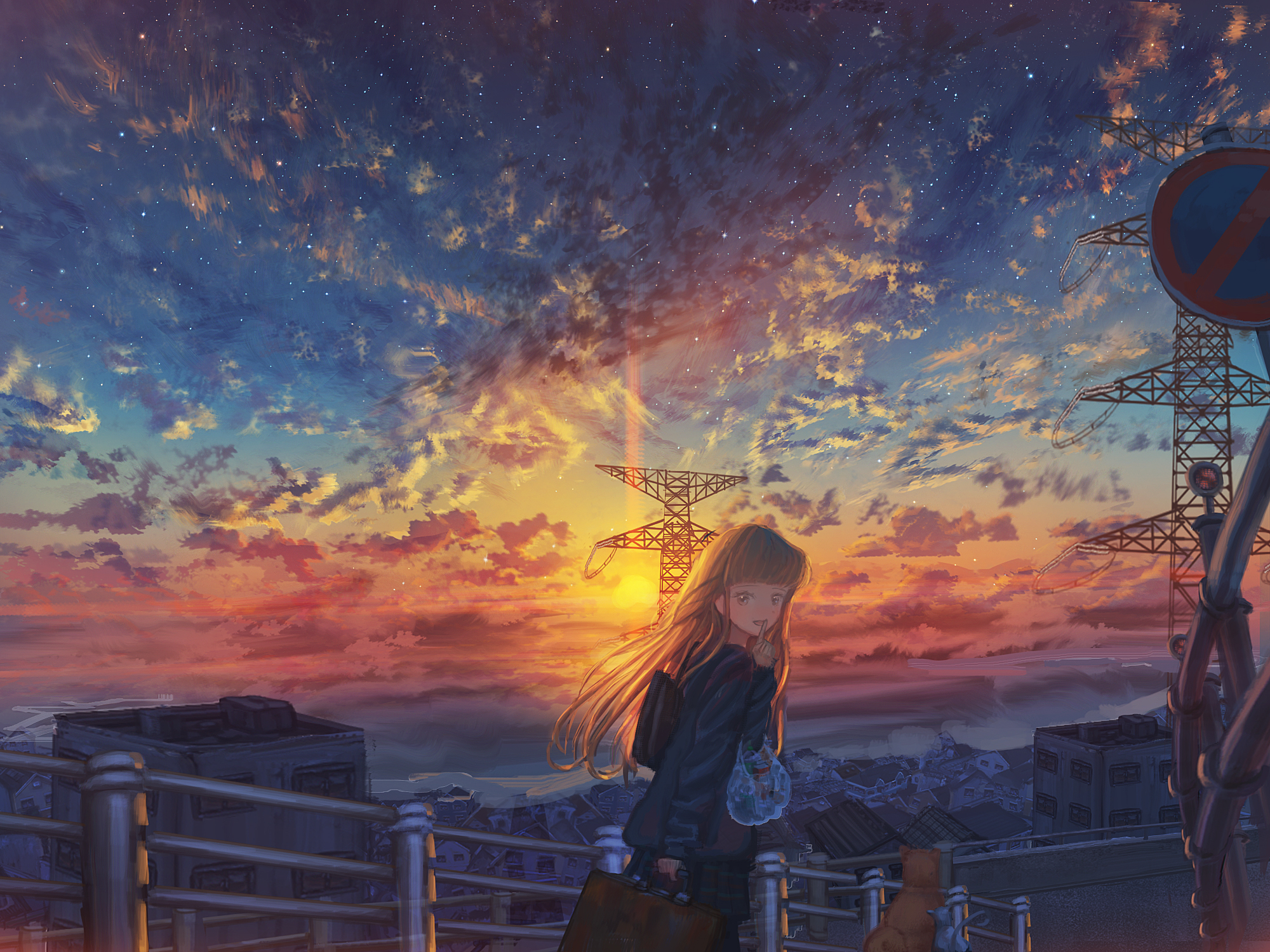 Baixar papel de parede para celular de Anime, Pôr Do Sol, Cidade, Céu Estrelado, Original gratuito.