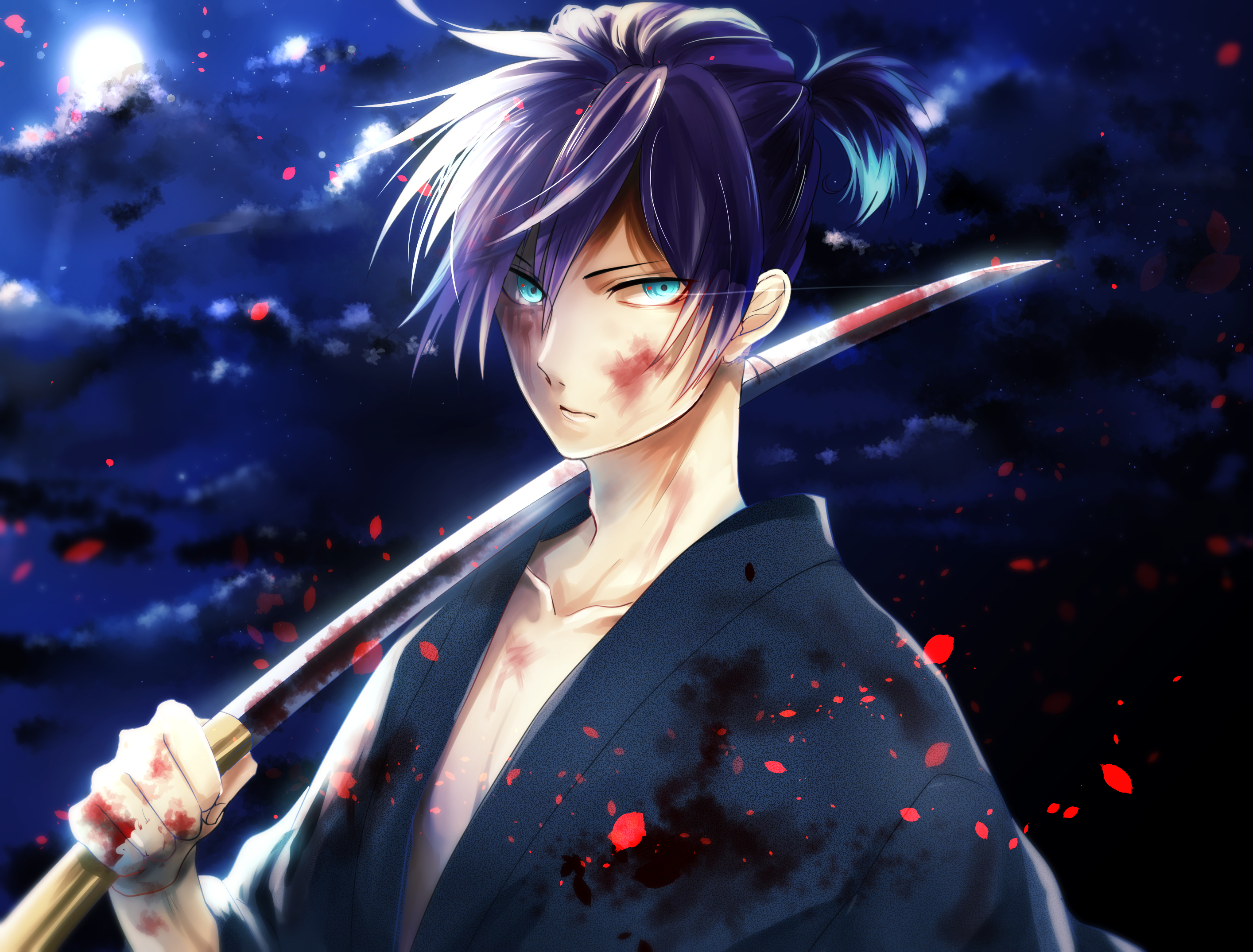 728064 Hintergrundbild herunterladen katana, blaue augen, animes, noragami, blut, nacht, lila haare, schwert, yato (noragami) - Bildschirmschoner und Bilder kostenlos