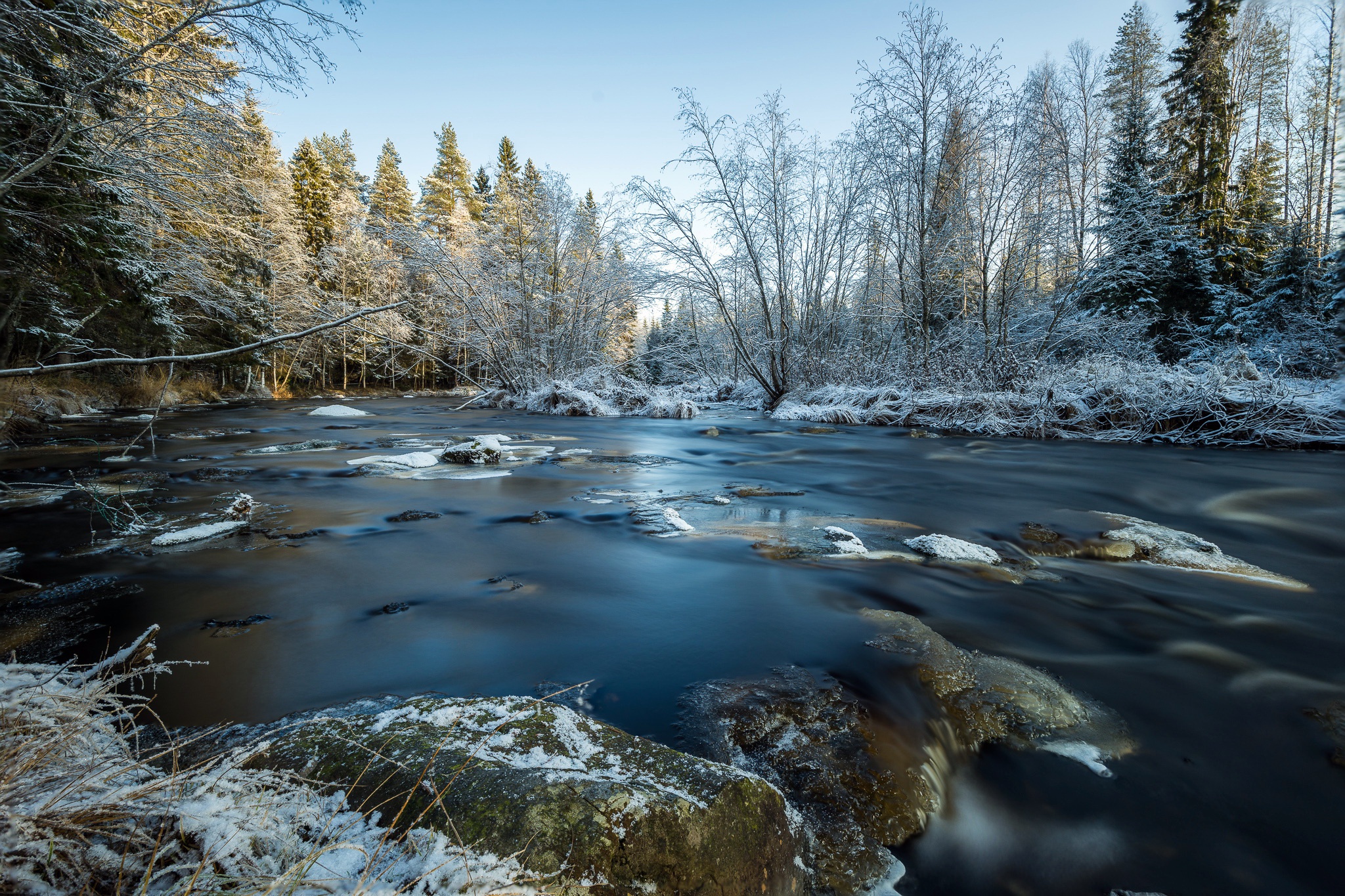 Download mobile wallpaper Winter, Nature, Forest, Earth, River for free.