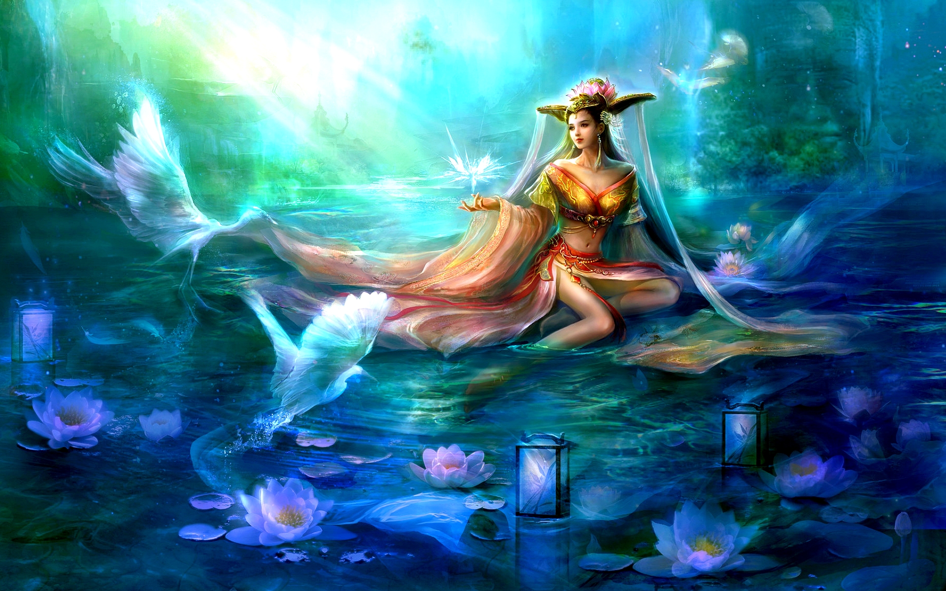 Free download wallpaper Fantasy, Lotus, Bird, Pond, Women, Asian on your PC desktop