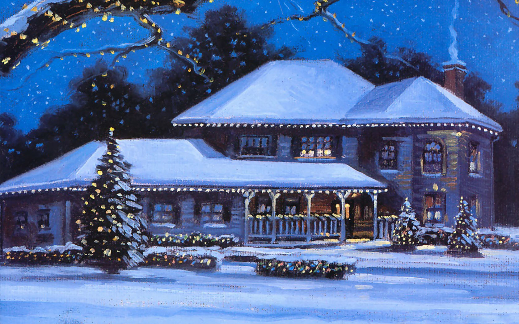 Free download wallpaper Winter, Snow, Light, Christmas, House, Christmas Tree, Painting, Artistic on your PC desktop