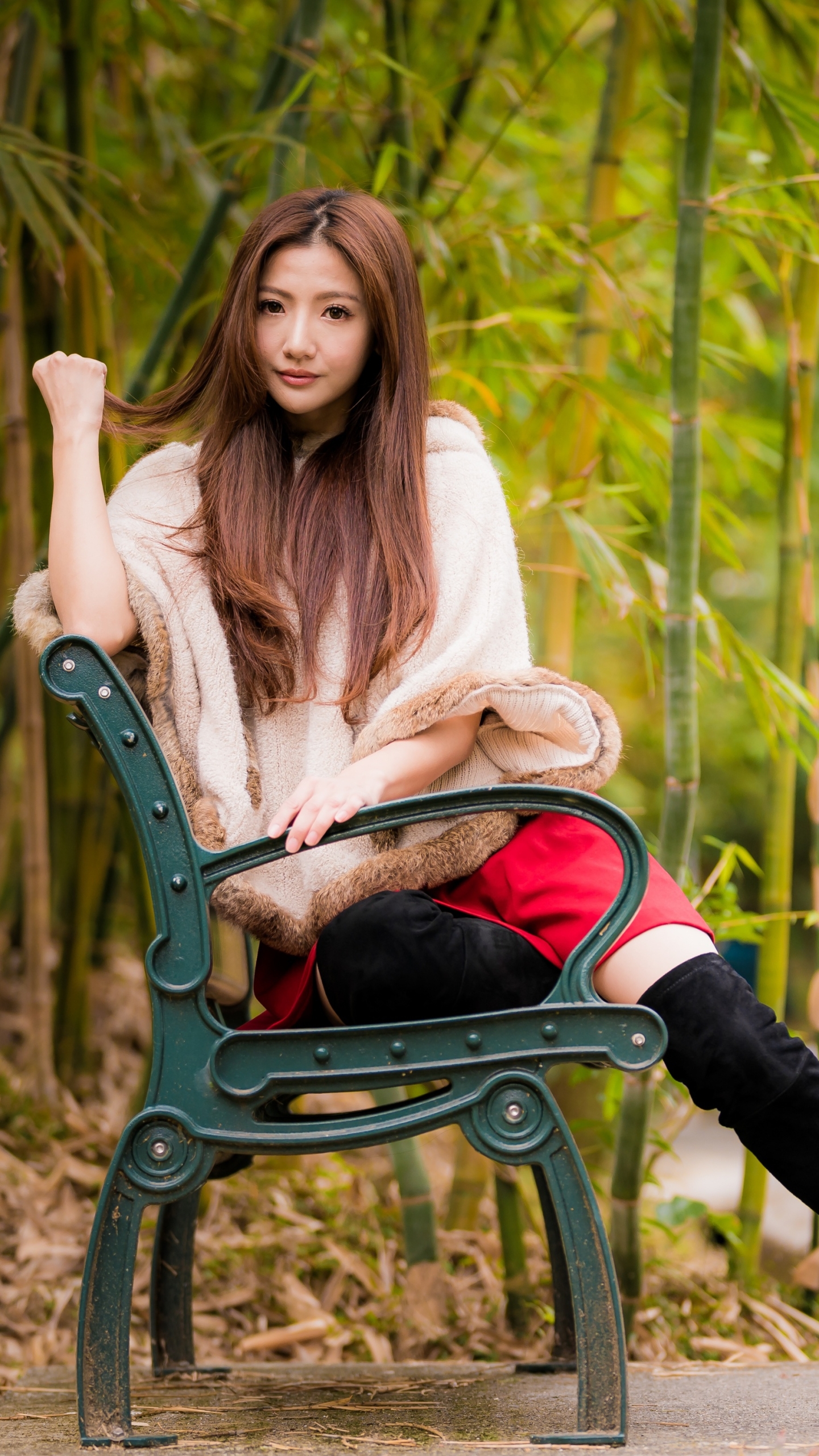 Download mobile wallpaper Bench, Brunette, Model, Women, Asian, Long Hair for free.