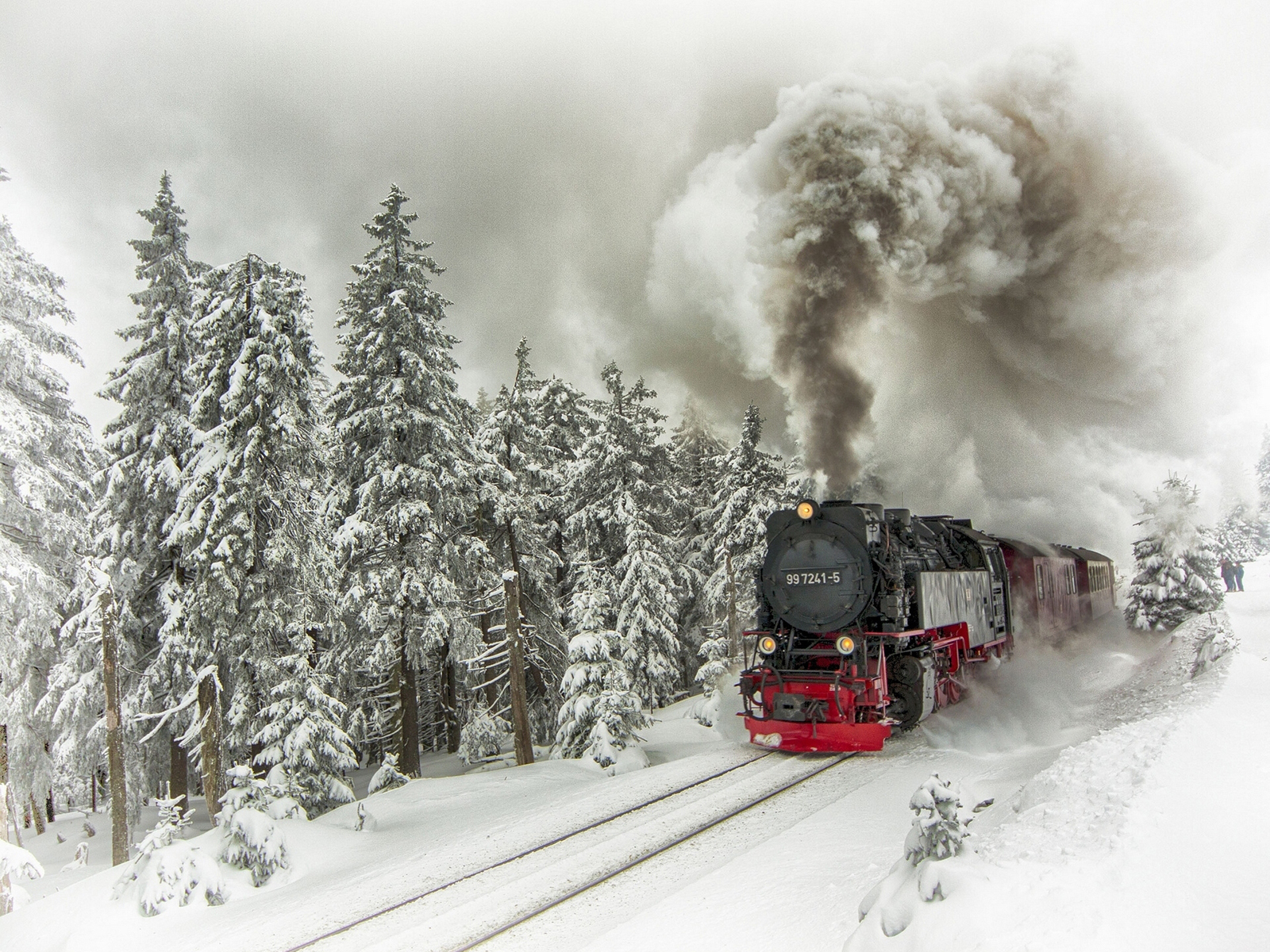 trains, transport, landscape, winter, snow, gray