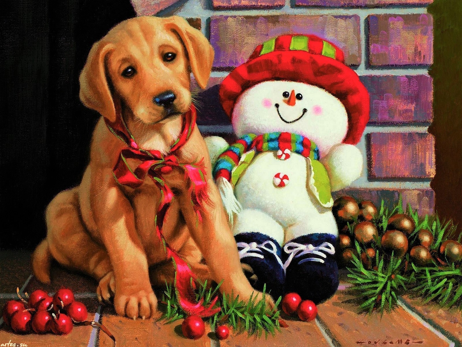 Laden Sie das Feiertage, Weihnachten, Welpen, Labrador Retriever, Tierbaby-Bild kostenlos auf Ihren PC-Desktop herunter