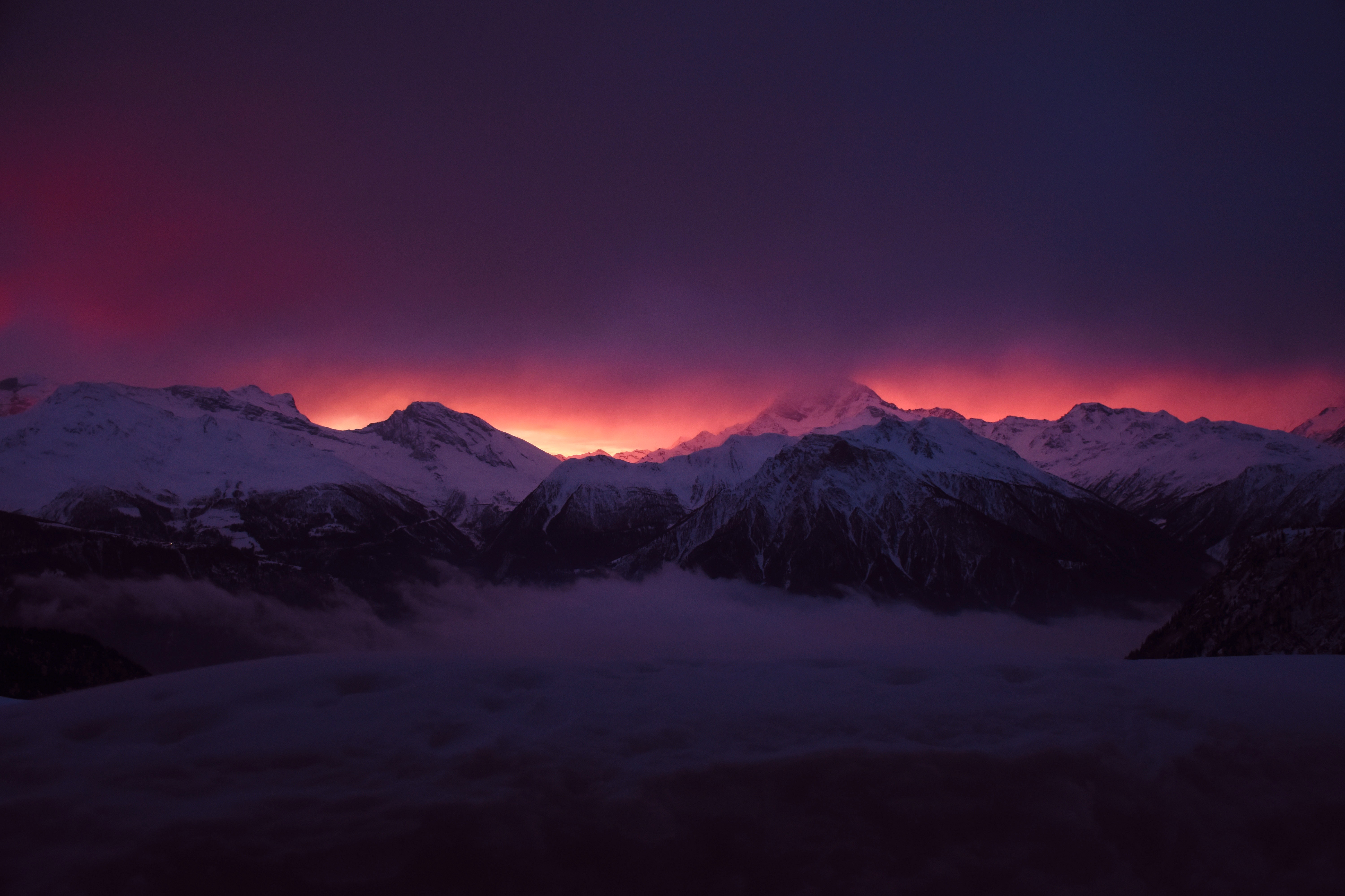 Full HD Wallpaper sunset, sky, snow covered, dark, nature, mountains, clouds, fog, snowbound, vertices