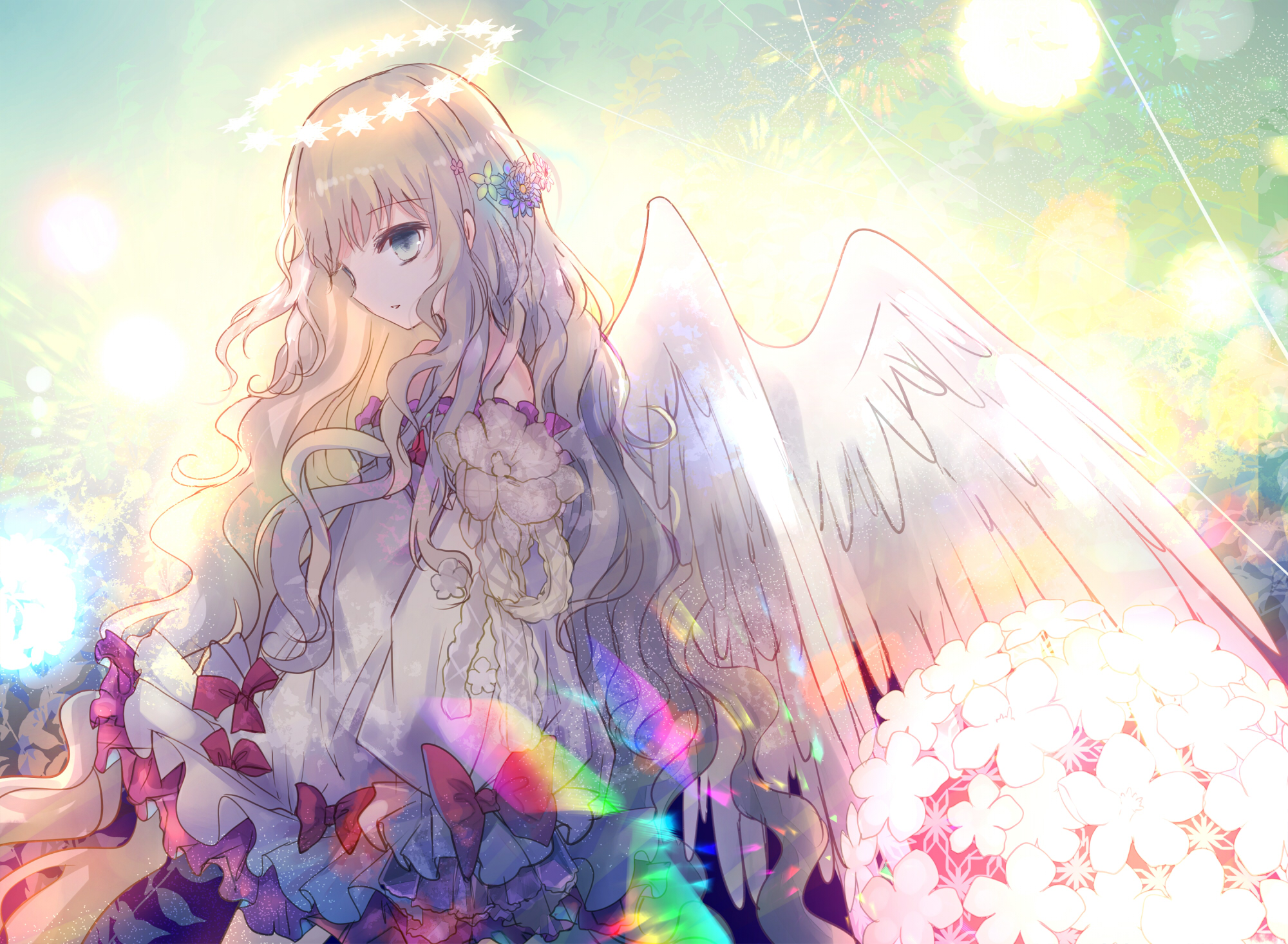 Laden Sie das Engel, Blume, Flügel, Blondinen, Animes, Lange Haare, Graue Augen-Bild kostenlos auf Ihren PC-Desktop herunter