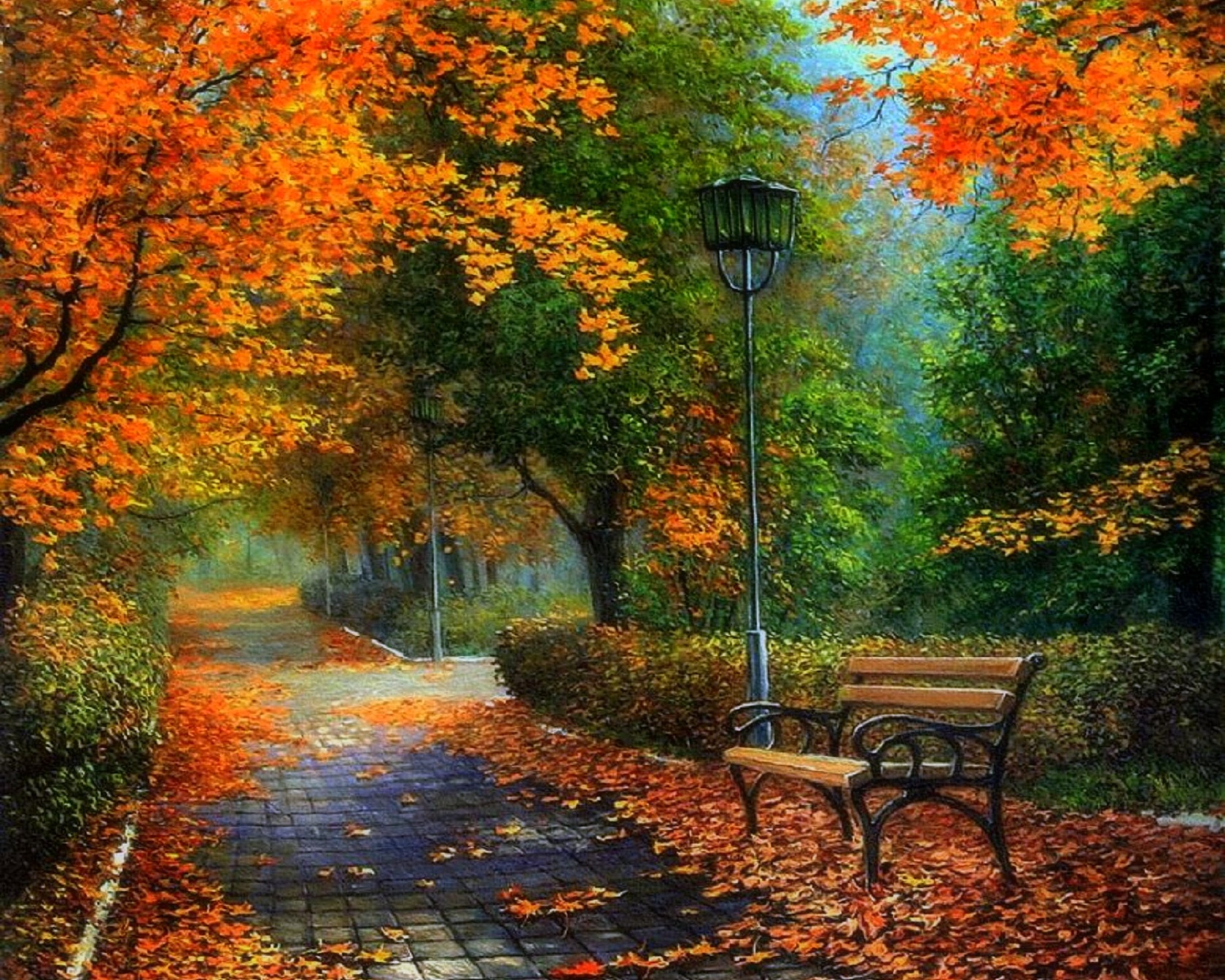 Free download wallpaper Park, Tree, Fall, Path, Bench, Painting, Artistic on your PC desktop