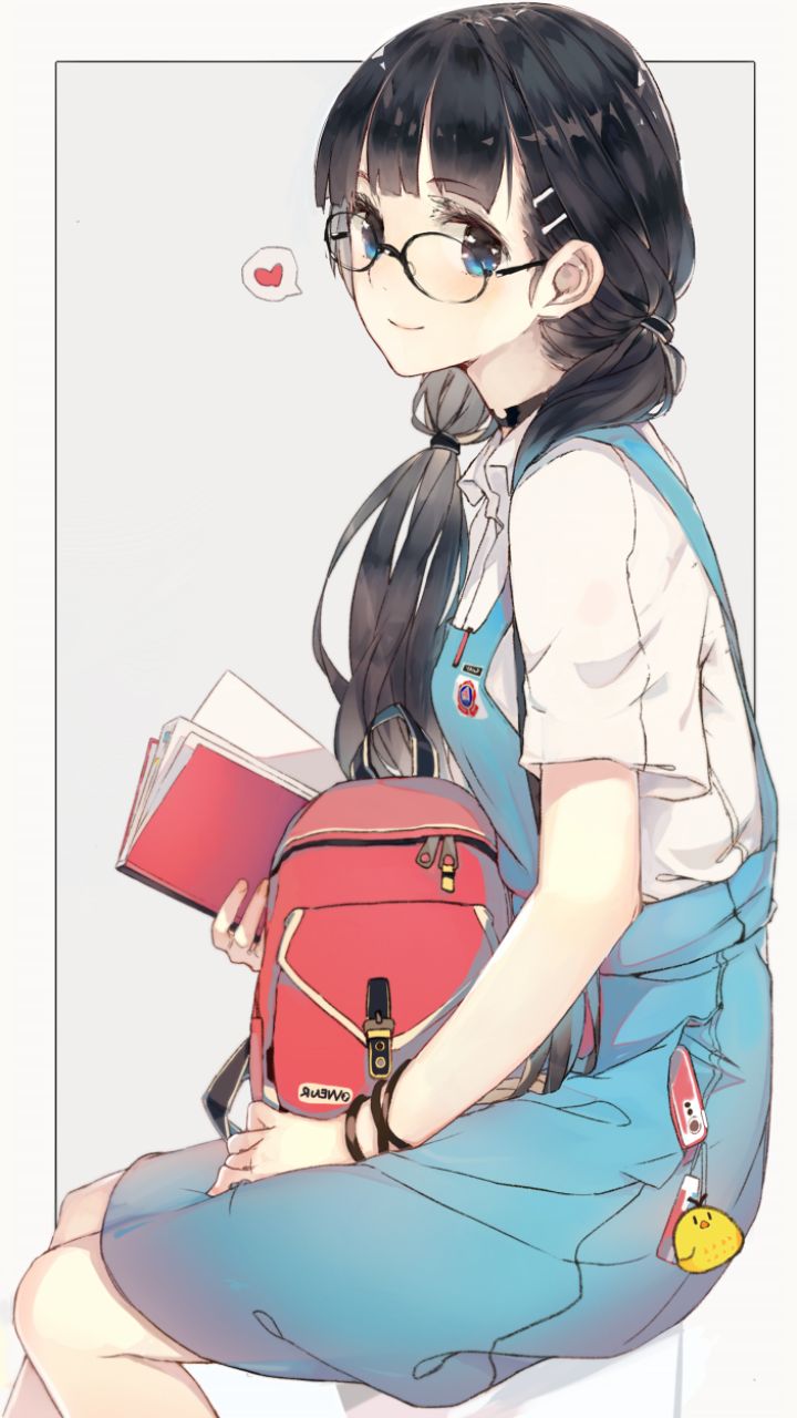 Download mobile wallpaper Anime, Glass, Book, Bag, Blue Eyes, Original, Black Hair for free.