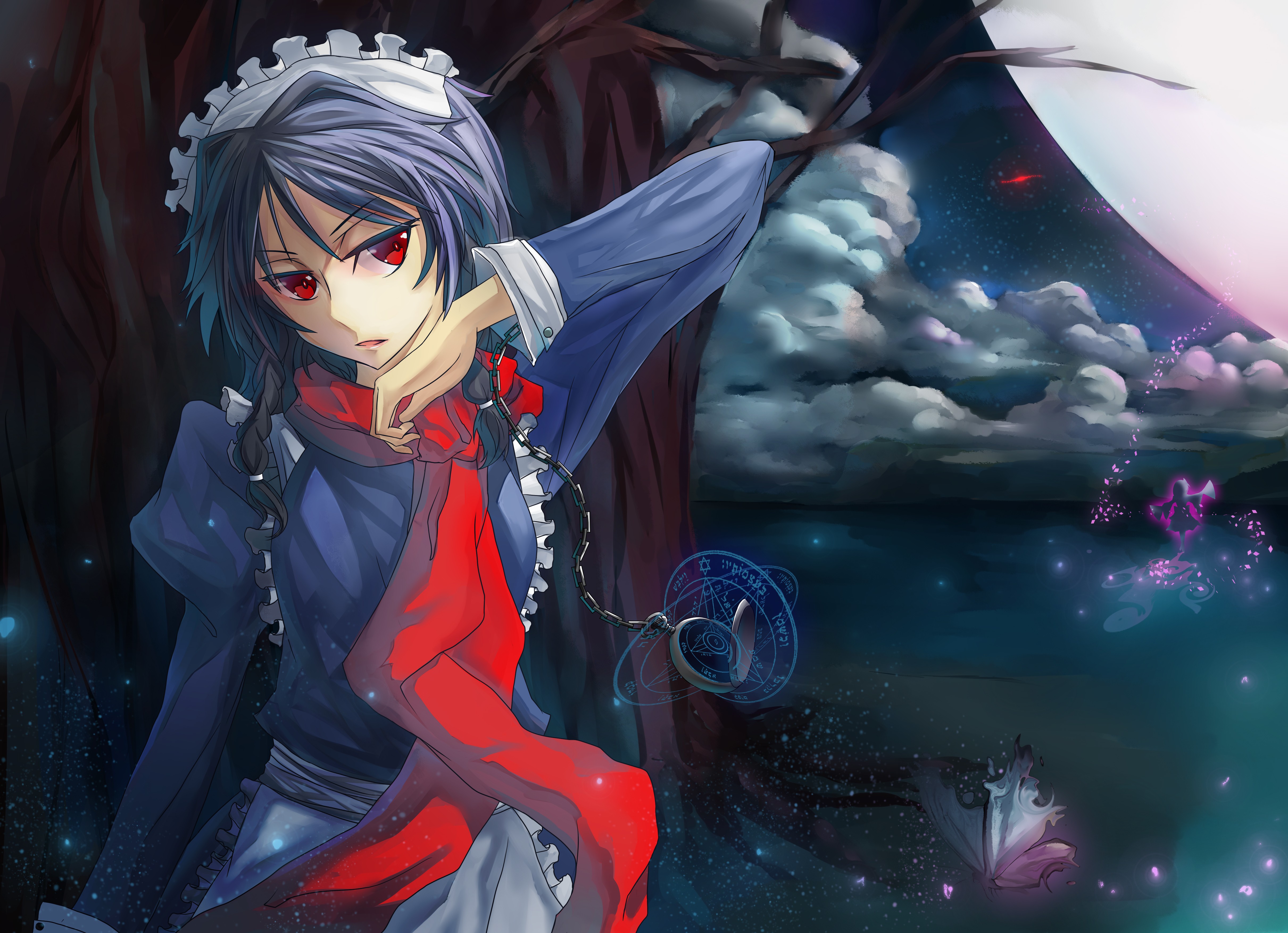 Descarga gratis la imagen Noche, Luna, Nube, Animado, Ojos Rojos, Touhou, Sakuya Izayoi en el escritorio de tu PC