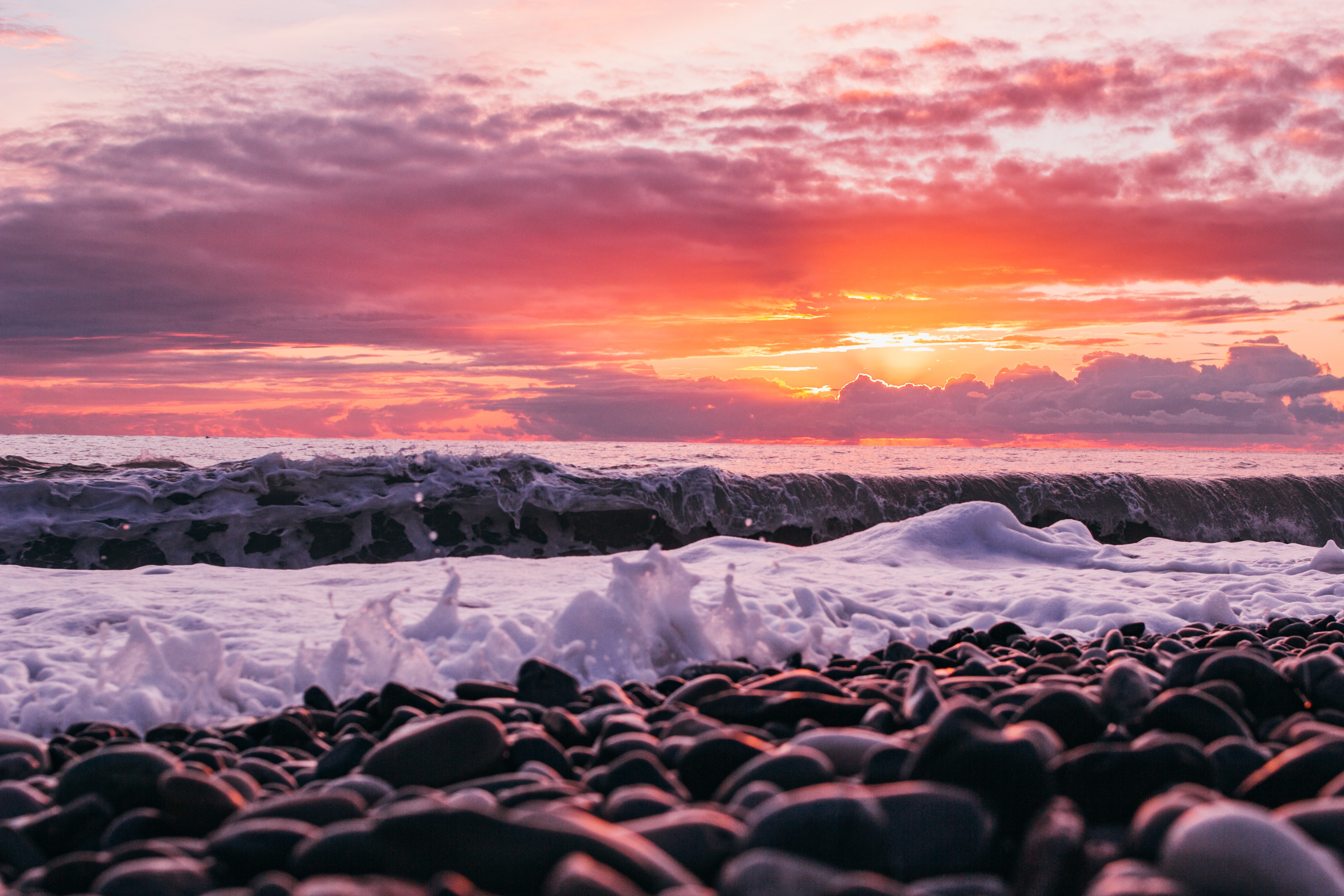 desktop Images sea, nature, sunset, pebble, waves, shore, bank